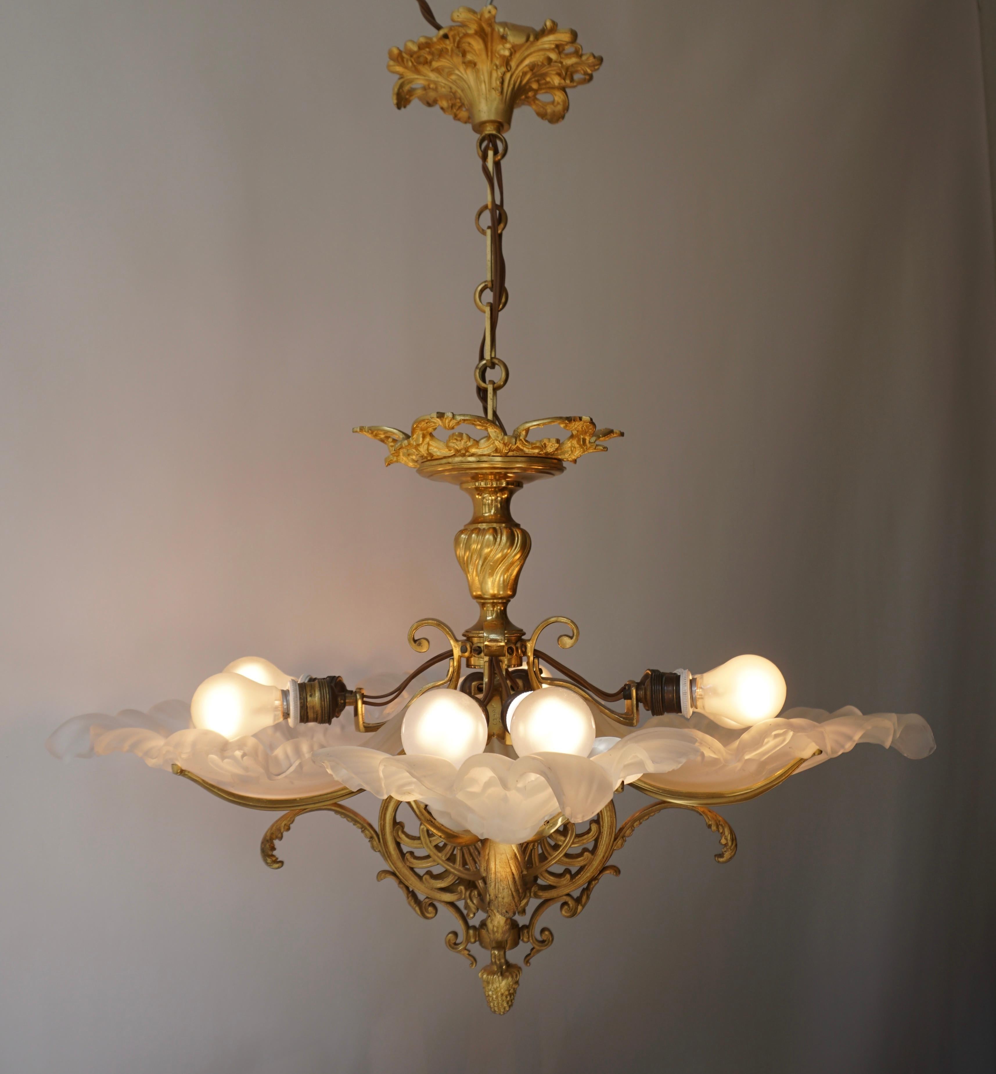 French Gilt Bronze Chandelier with Frosted Glass 2
