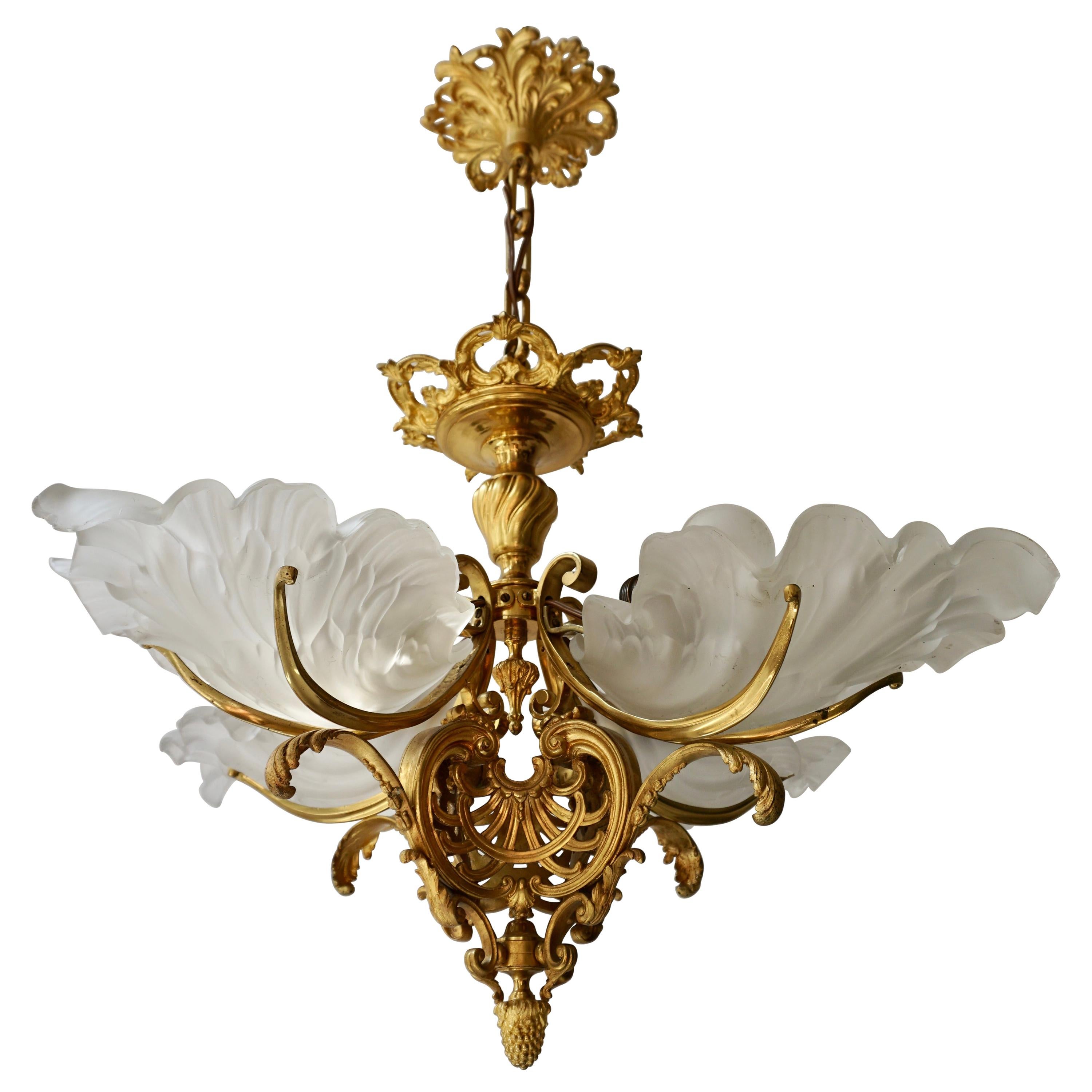 French Gilt Bronze Chandelier with Frosted Glass