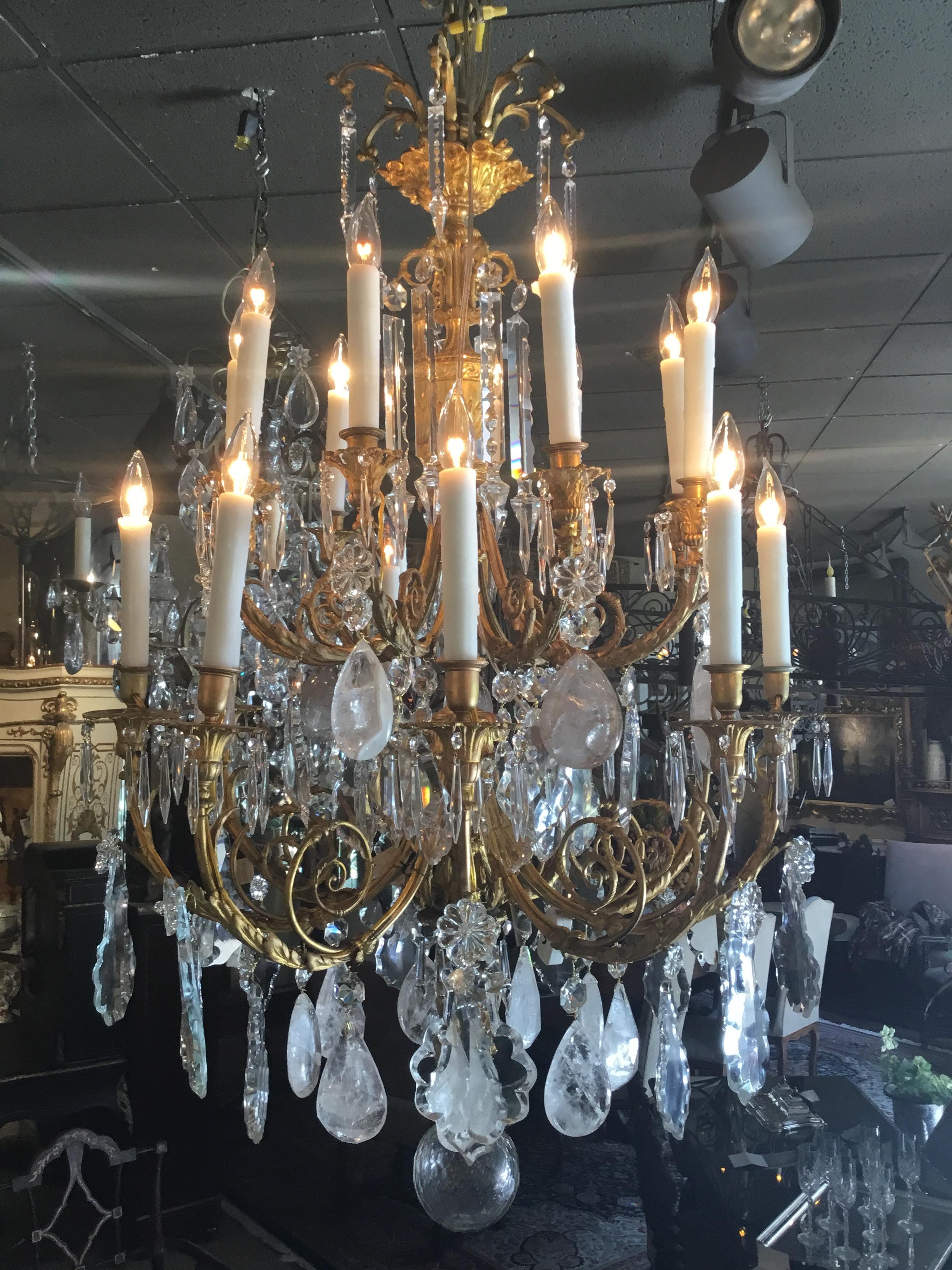 French Gilt Bronze Chandelier with rock and smoke Crystals 8