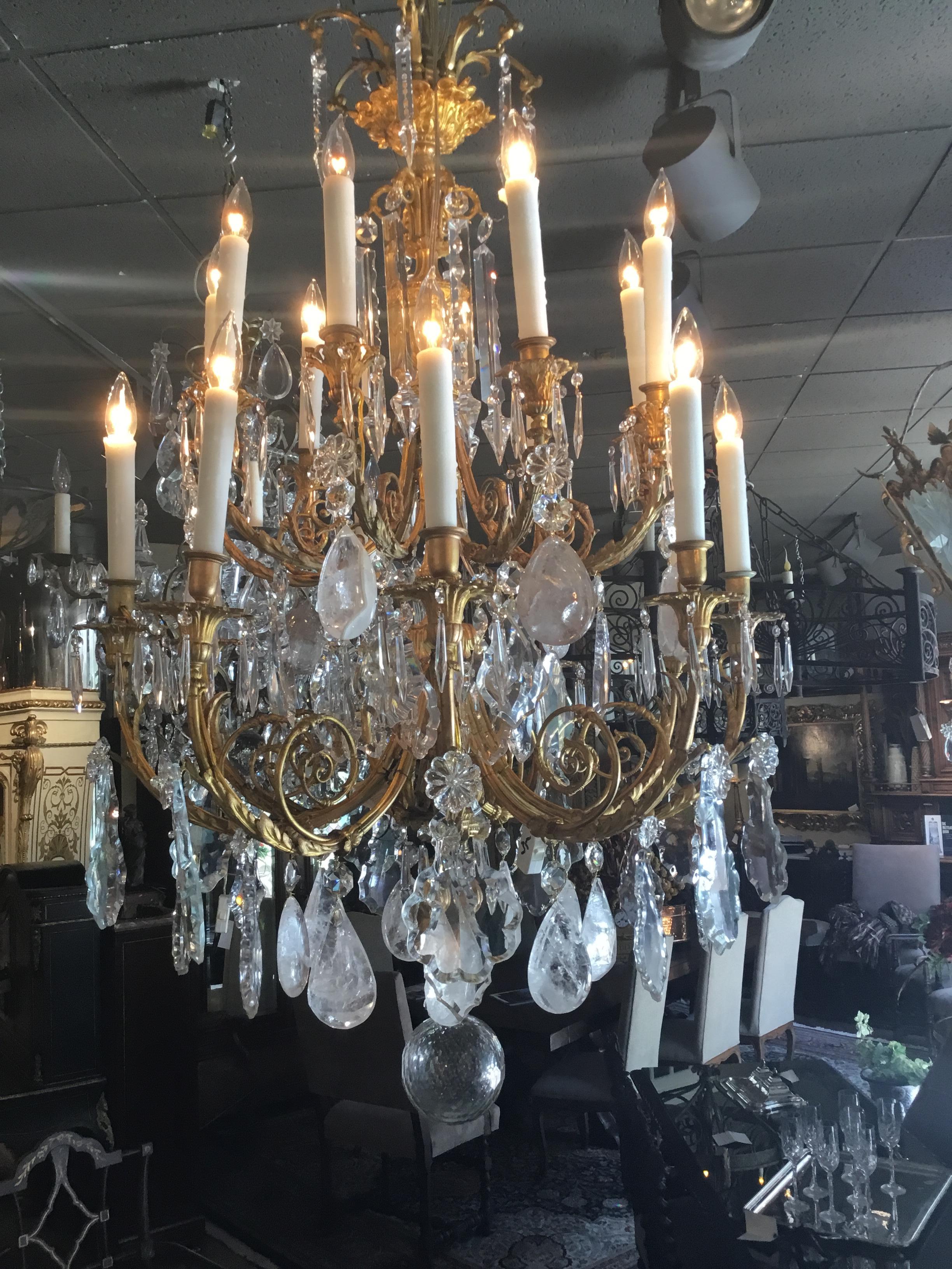 French Gilt Bronze Chandelier with rock and smoke Crystals 9