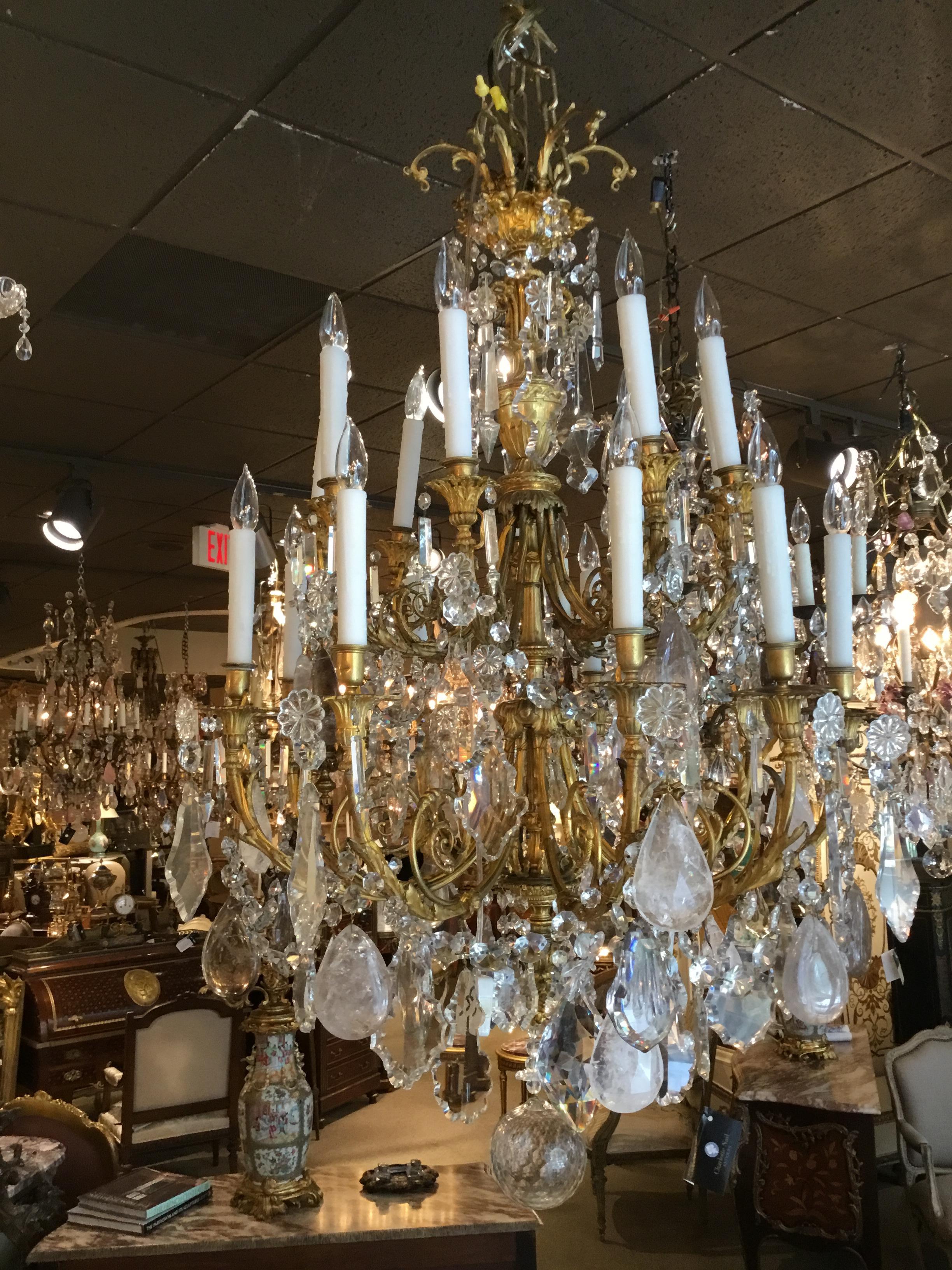 French Gilt Bronze Chandelier with rock and smoke Crystals In Good Condition In Houston, TX