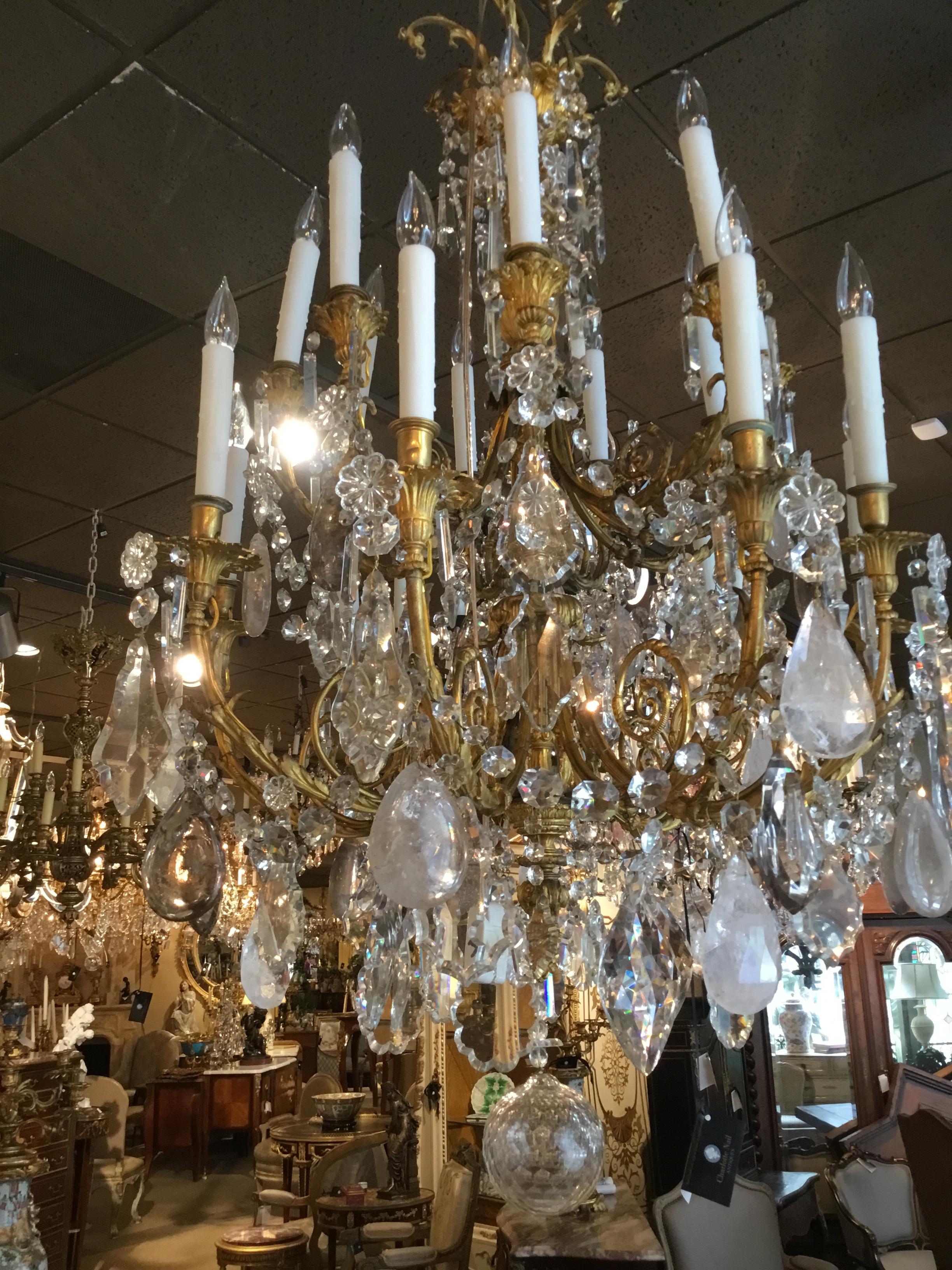 19th Century French Gilt Bronze Chandelier with rock and smoke Crystals