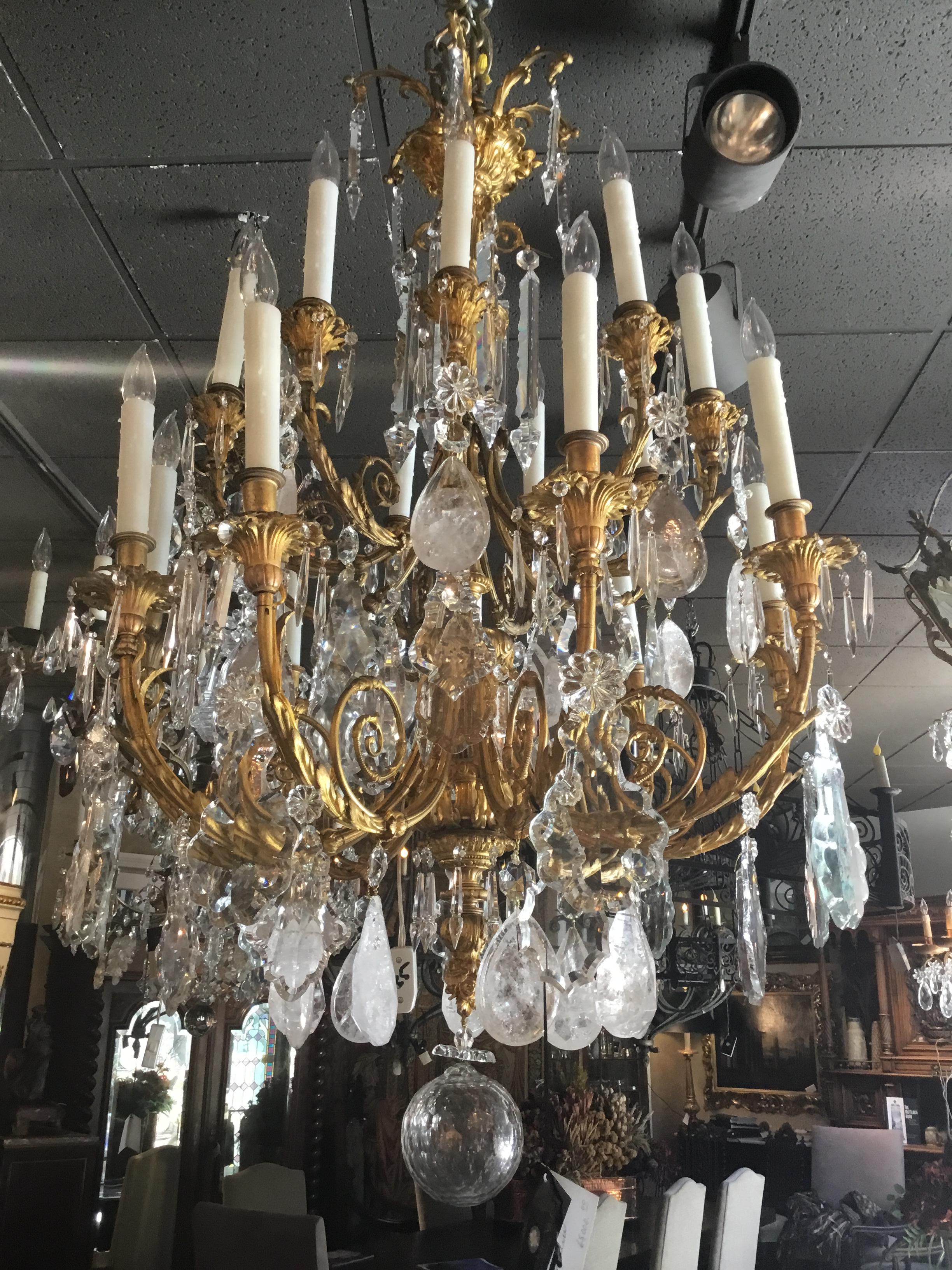 French Gilt Bronze Chandelier with rock and smoke Crystals 2