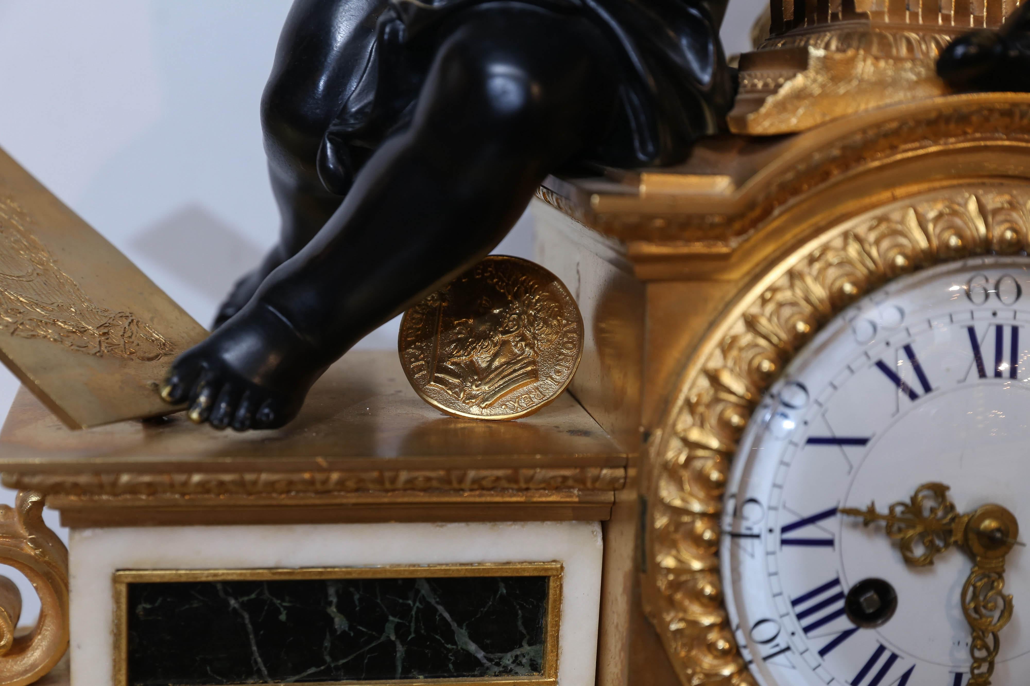 French Gilt Bronze Clock, circa 1850 on Marble Base Signed Dussault For Sale 7