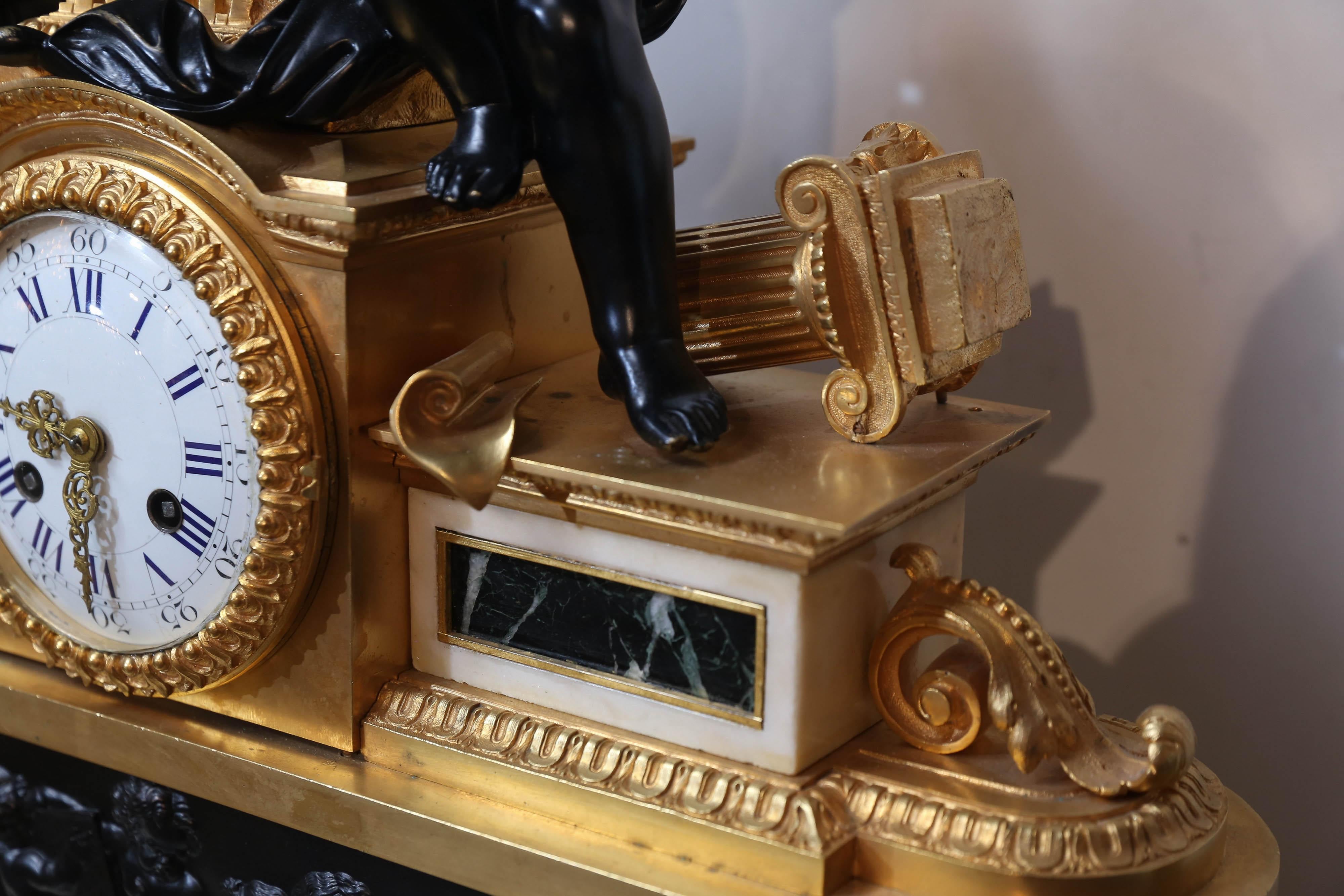 French Gilt Bronze Clock, circa 1850 on Marble Base Signed Dussault For Sale 8