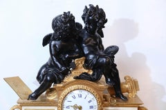 French Gilt Bronze Clock, circa 1850 on Marble Base Signed Dussault