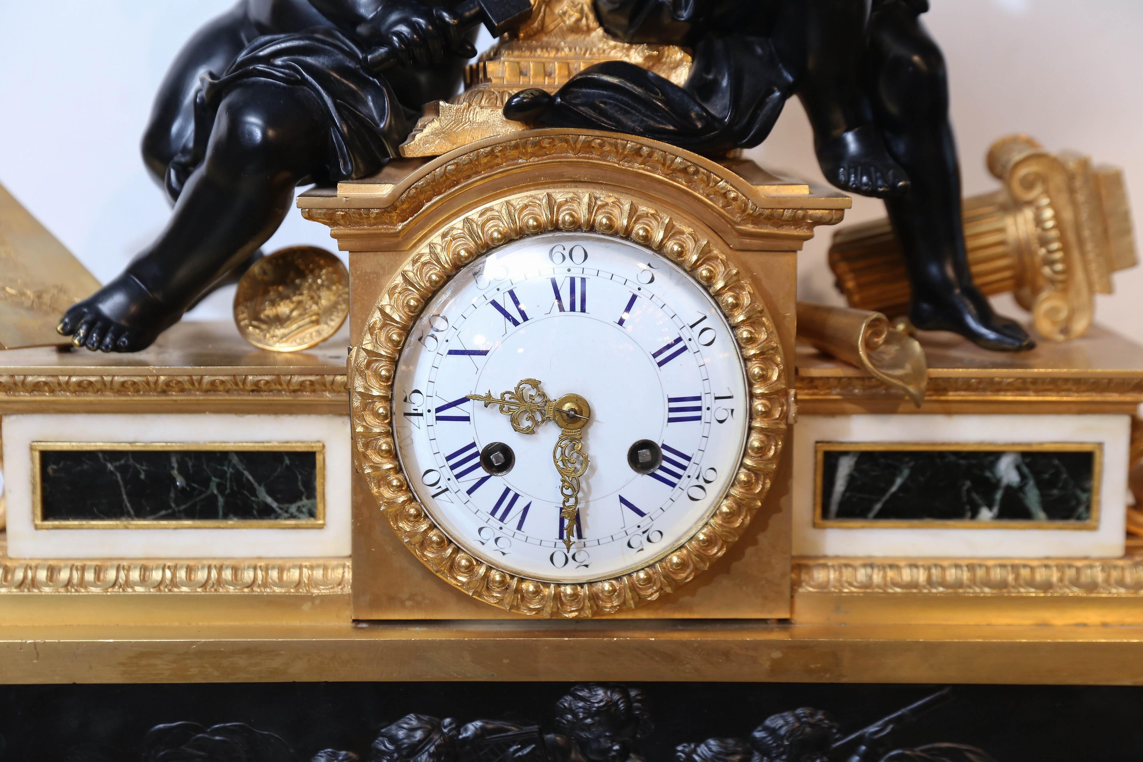 French Gilt Bronze Clock, circa 1850 on Marble Base Signed Dussault In Good Condition For Sale In Houston, TX
