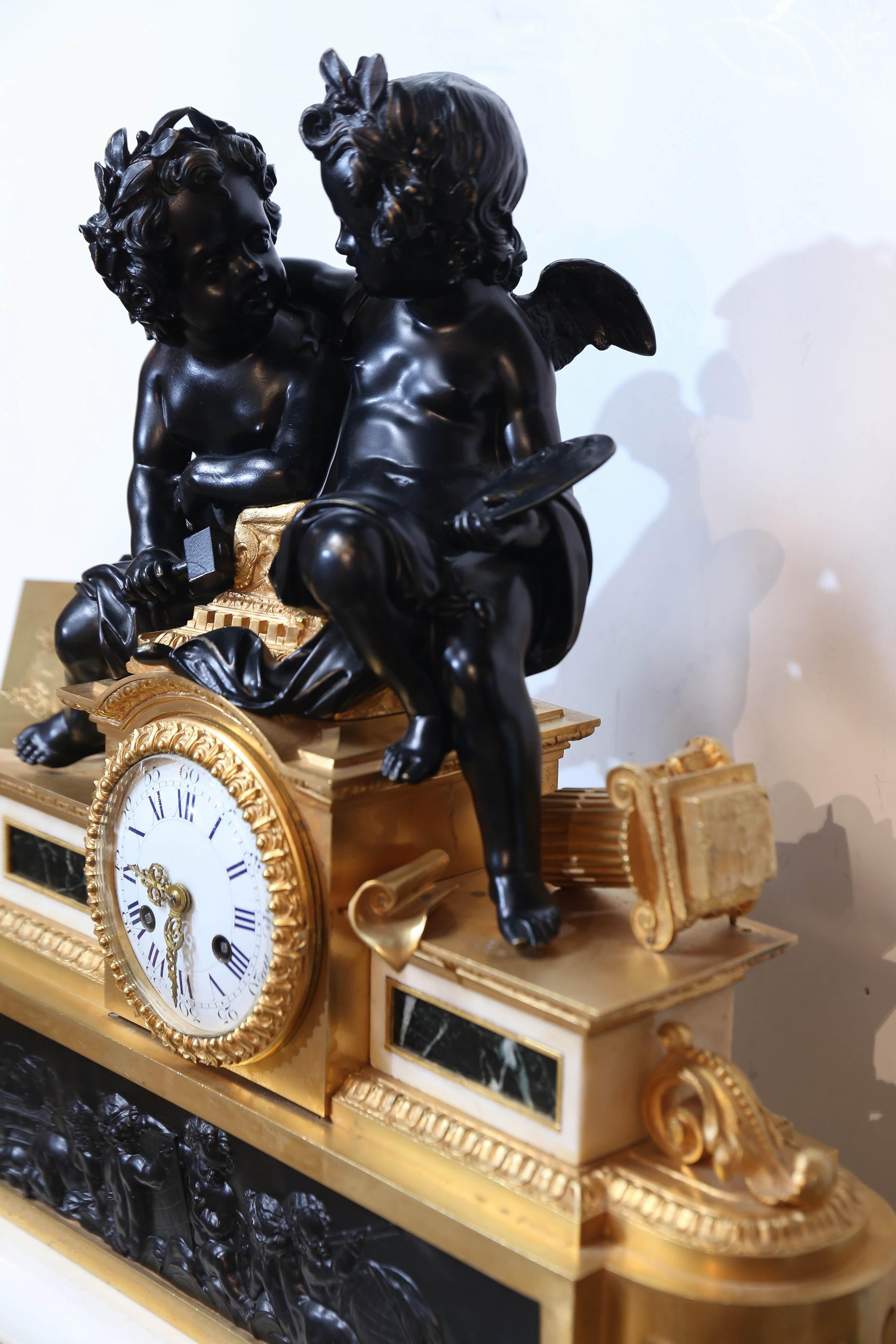 French Gilt Bronze Clock, circa 1850 on Marble Base Signed Dussault For Sale 2