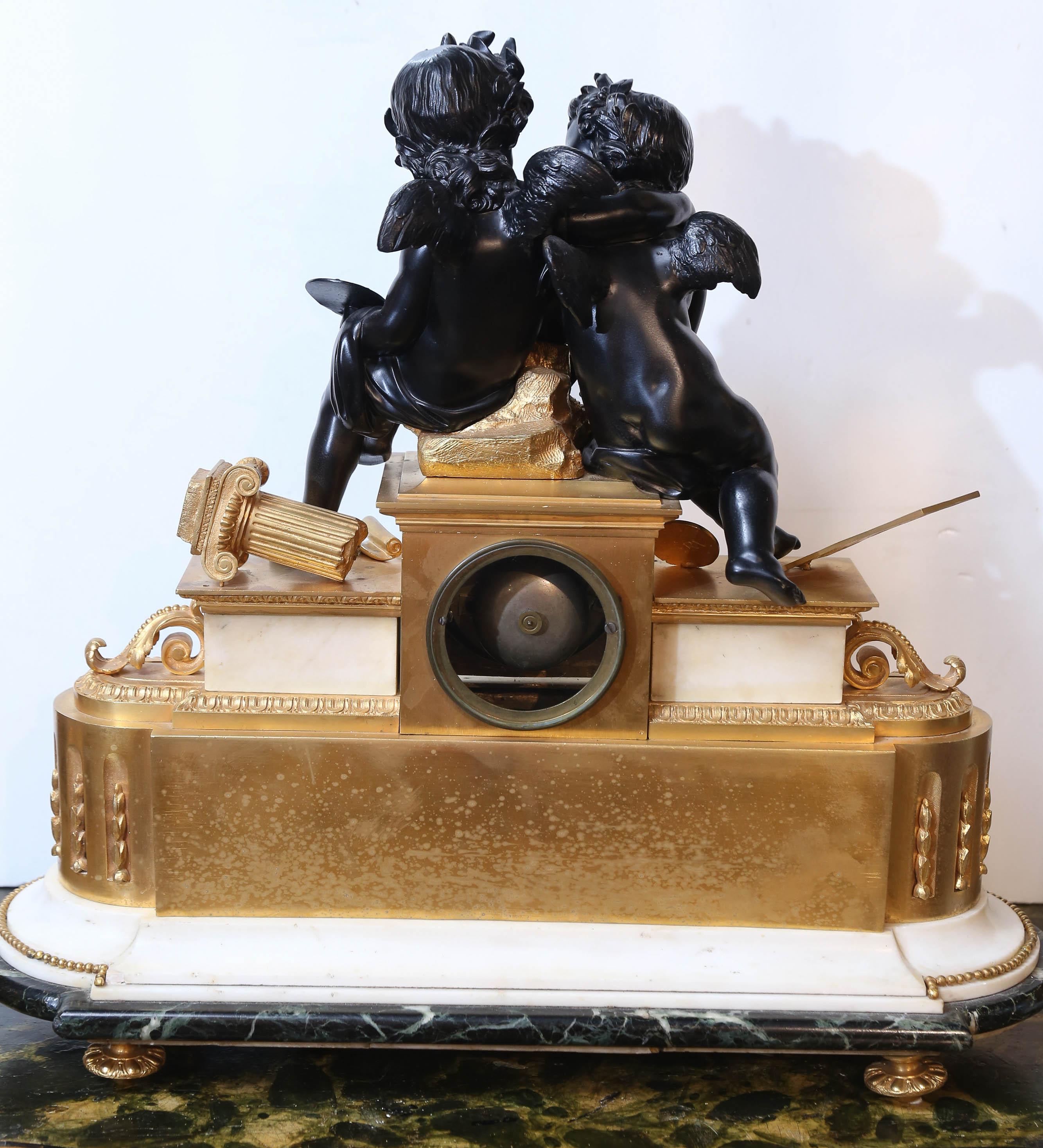 French Gilt Bronze Clock, circa 1850 on Marble Base Signed Dussault For Sale 4