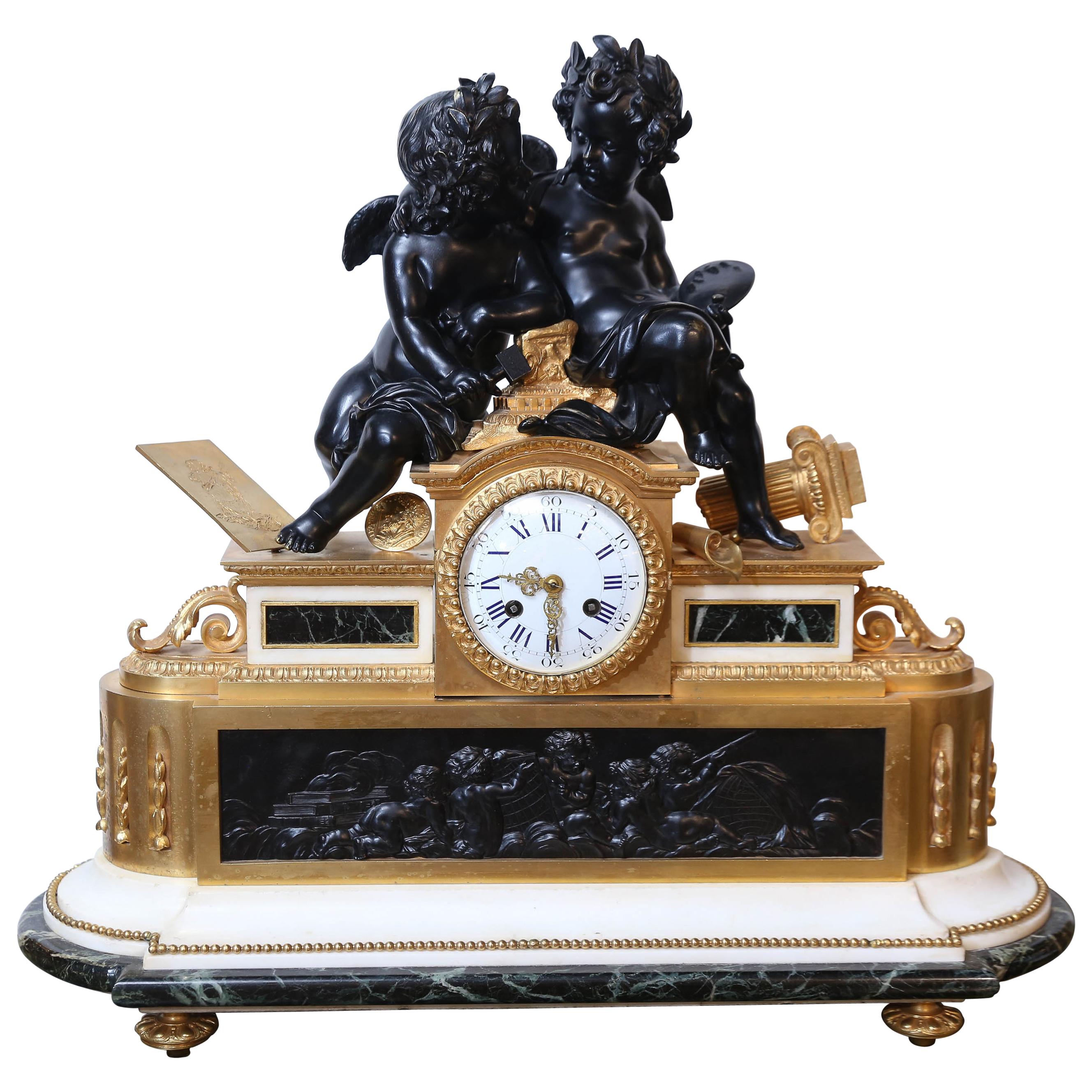 French Gilt Bronze Clock, circa 1850 on Marble Base Signed Dussault For Sale