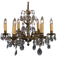 French Gilt Bronze 
Crystal Scrolled Foliate Form Six-Arm Chandelier circa 1930
