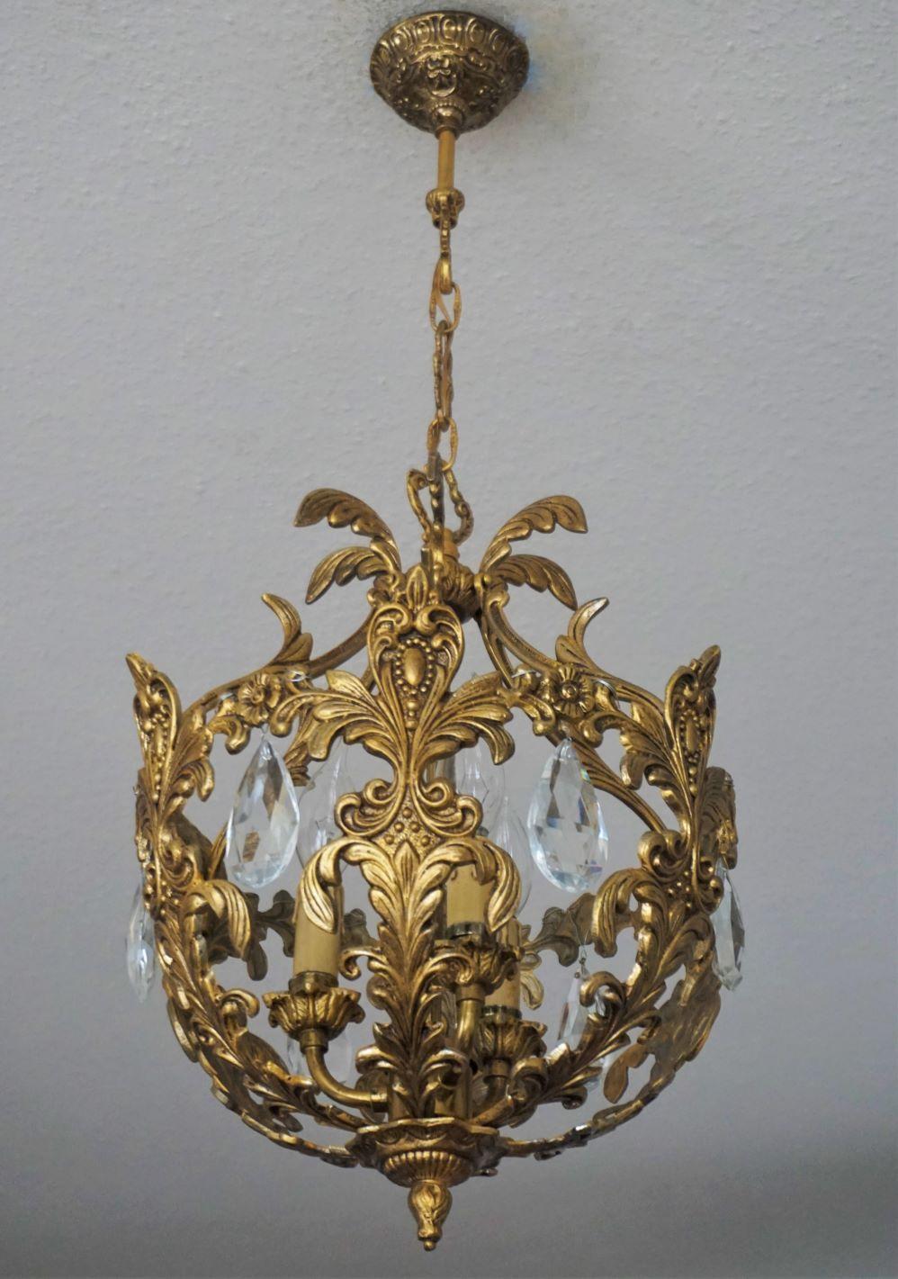 Art Nouveau French Art Deco Gilt Bronze Crystal Three-Light Chandelier or Lantern, 1910-1920
