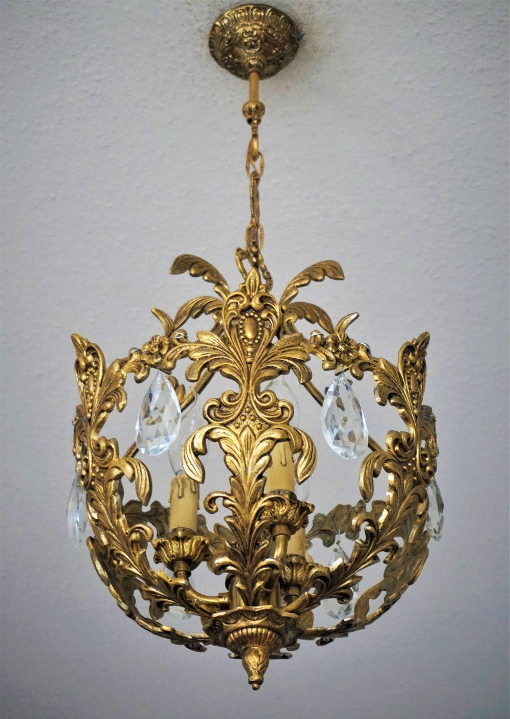 French Art Deco Gilt Bronze Crystal Three-Light Chandelier or Lantern, 1910-1920 In Good Condition In Frankfurt am Main, DE