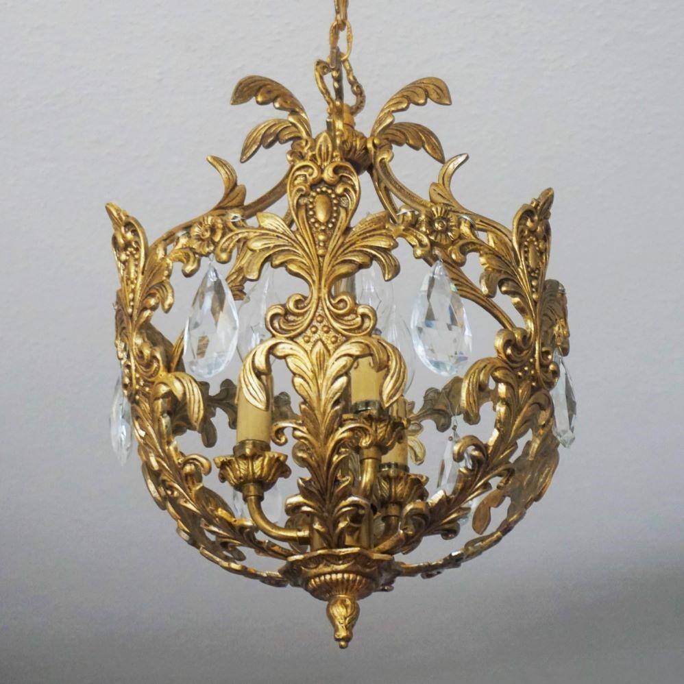 20th Century French Art Deco Gilt Bronze Crystal Three-Light Chandelier or Lantern, 1910-1920