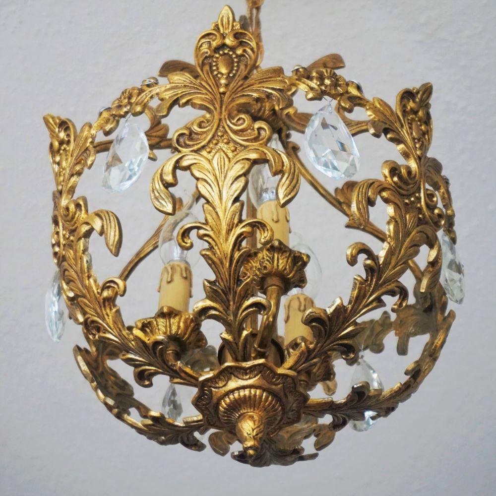 French Art Deco Gilt Bronze Crystal Three-Light Chandelier or Lantern, 1910-1920 2
