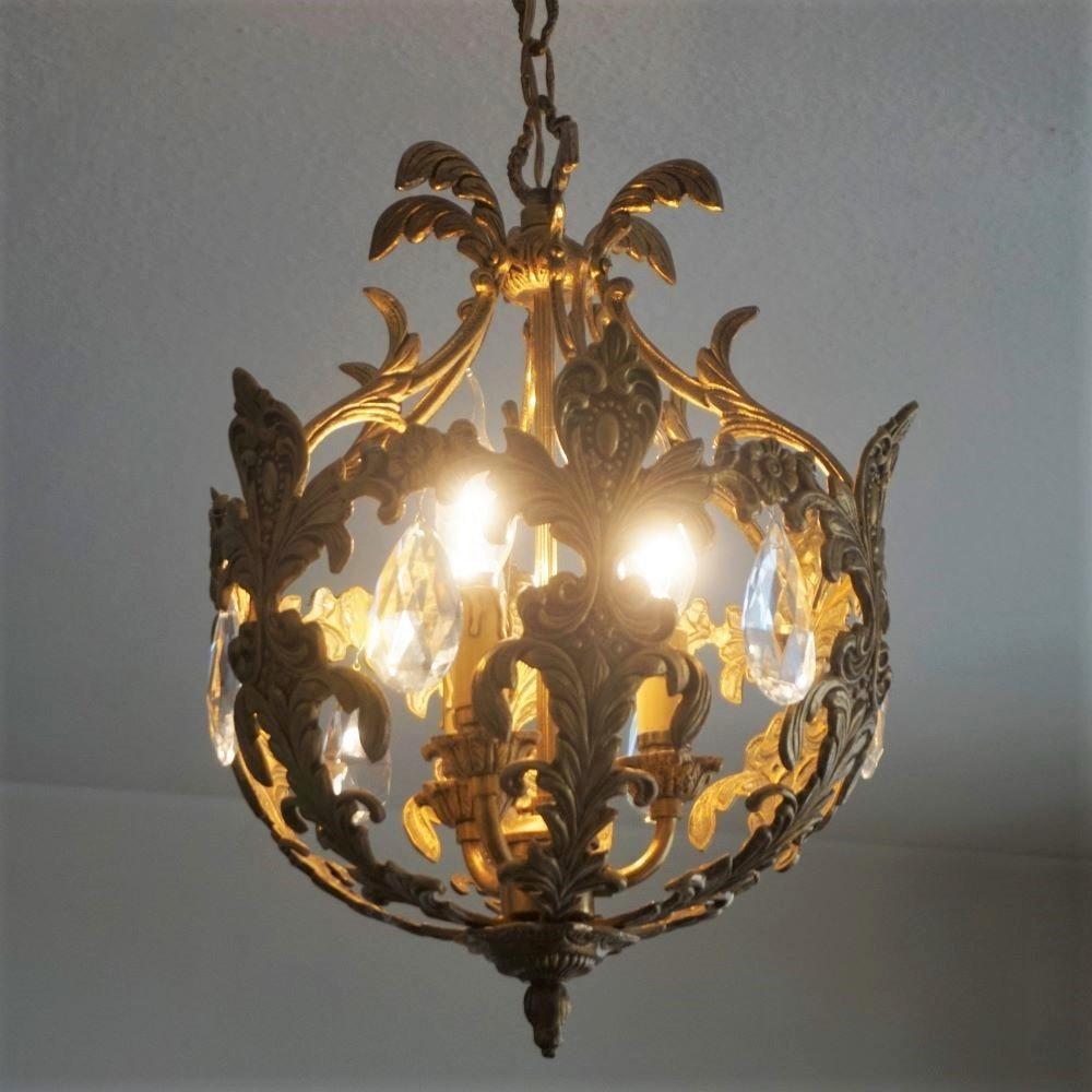 French Art Deco Gilt Bronze Crystal Three-Light Chandelier or Lantern, 1910-1920 4