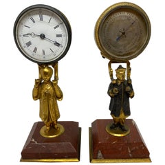 French Gilt Bronze Digital Clock and Barometer