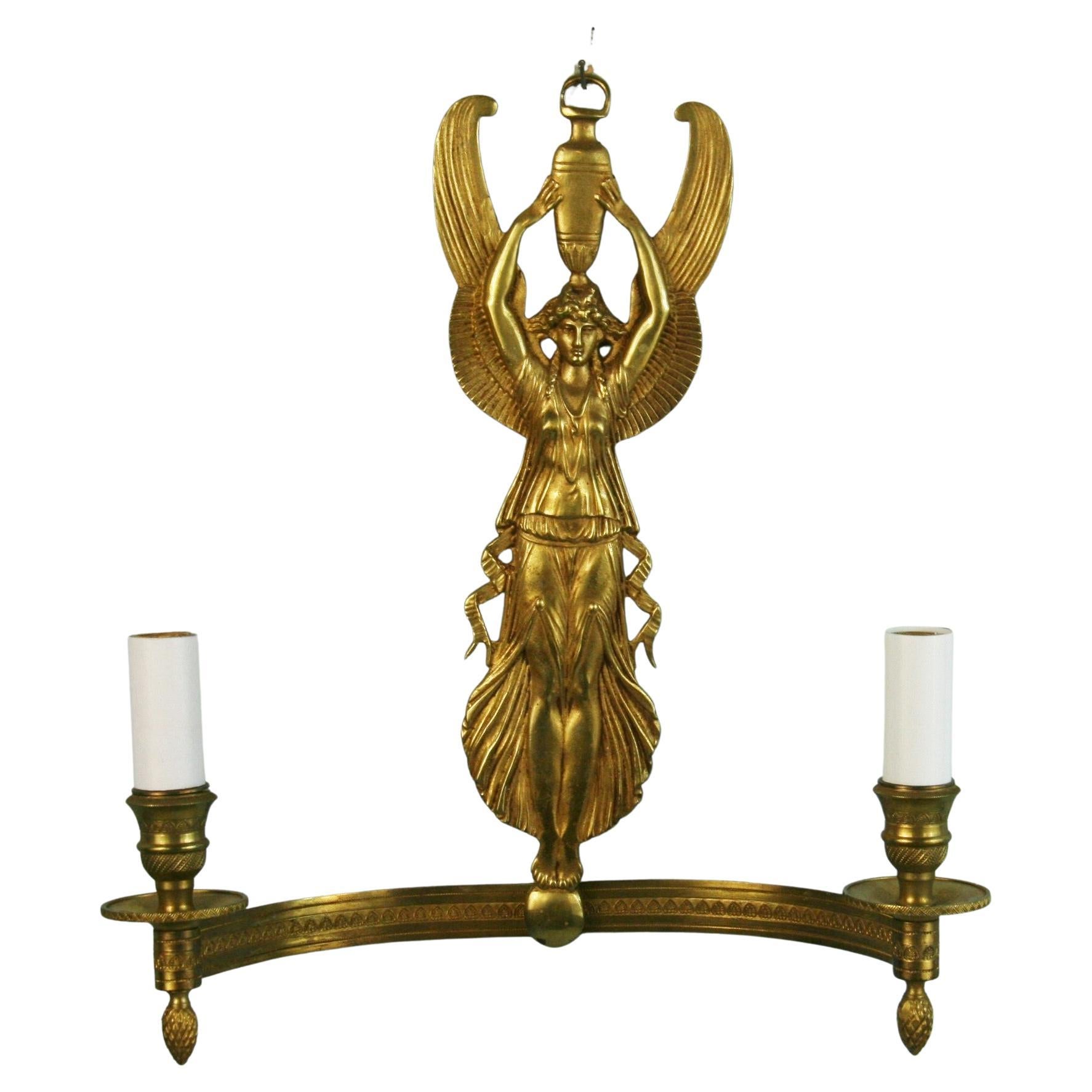 French Gilt Bronze Empire  Winged Figural Wall Sconces 1920's a Pair