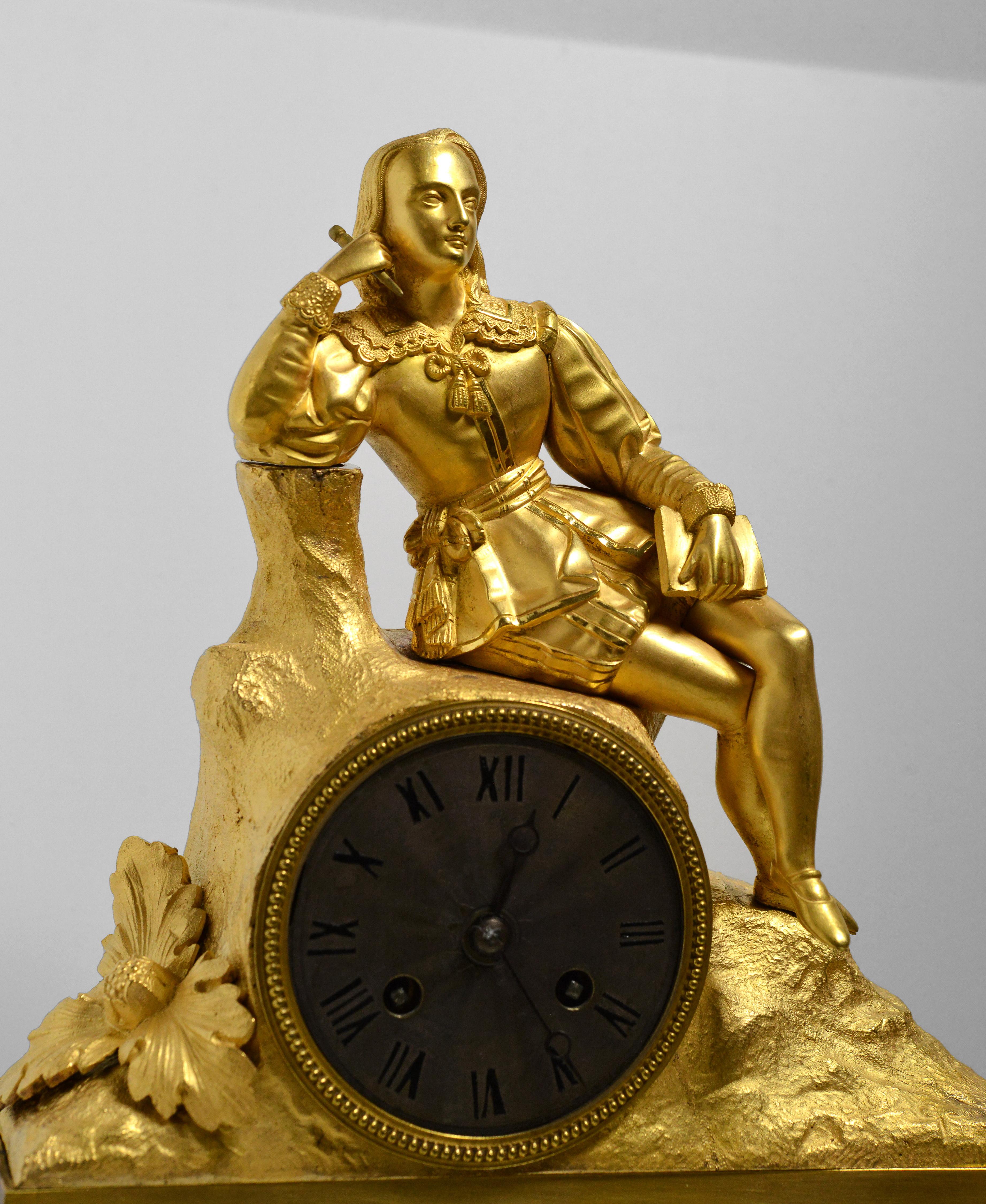 19th Century French Gilt Bronze Figural Antique Clock w Renaissance Poet early 19th century For Sale