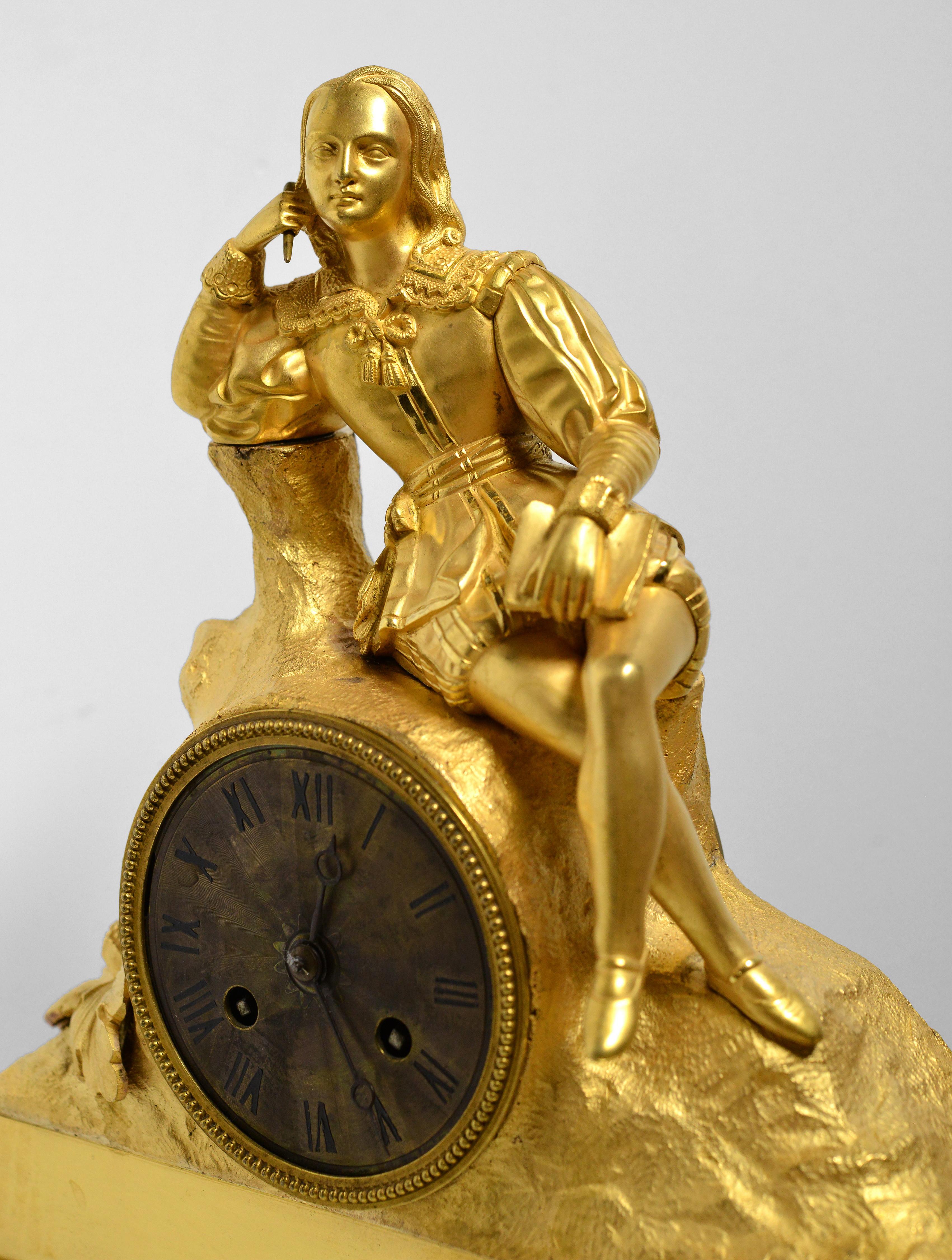 Gold Plate French Gilt Bronze Figural Antique Clock w Renaissance Poet early 19th century For Sale