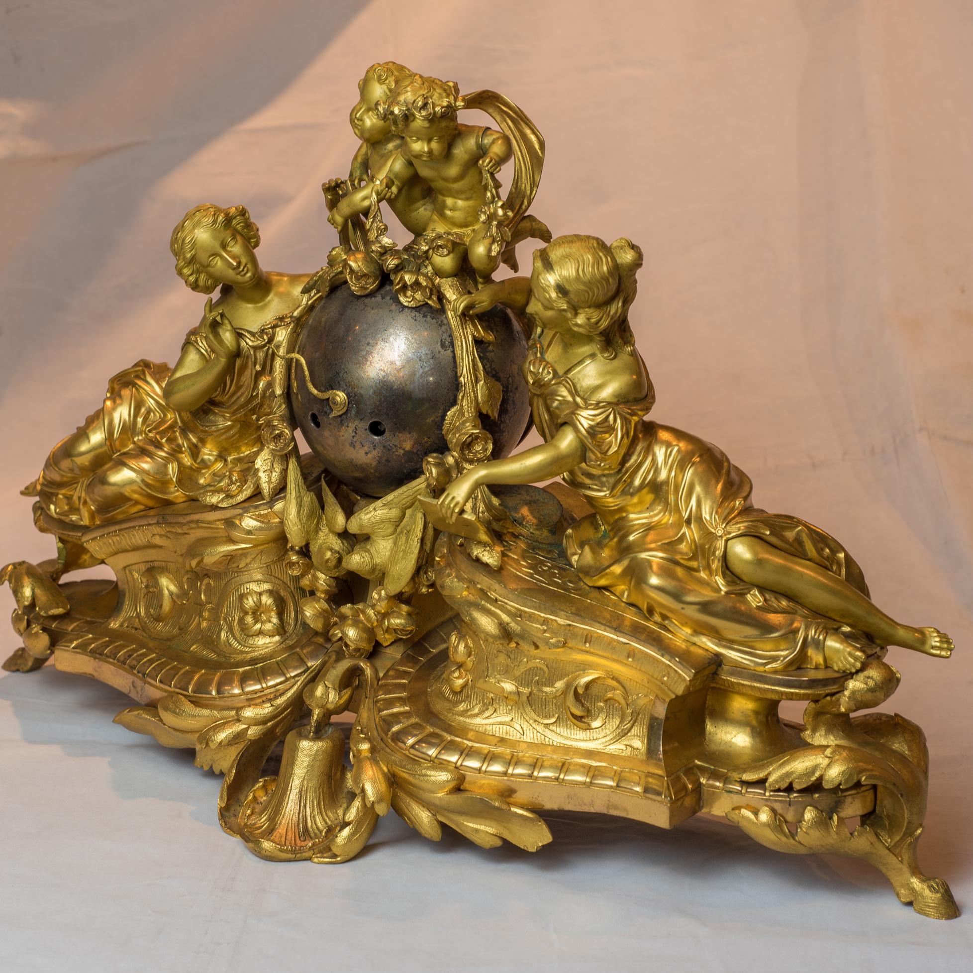 A fine quality gilt bronze figural mantel clock with classical figures of women and putti atop the bronze spherical clock face.

Origin: French
Date: 19th century
Size: 14 x 23 x 7 1/2 inches.