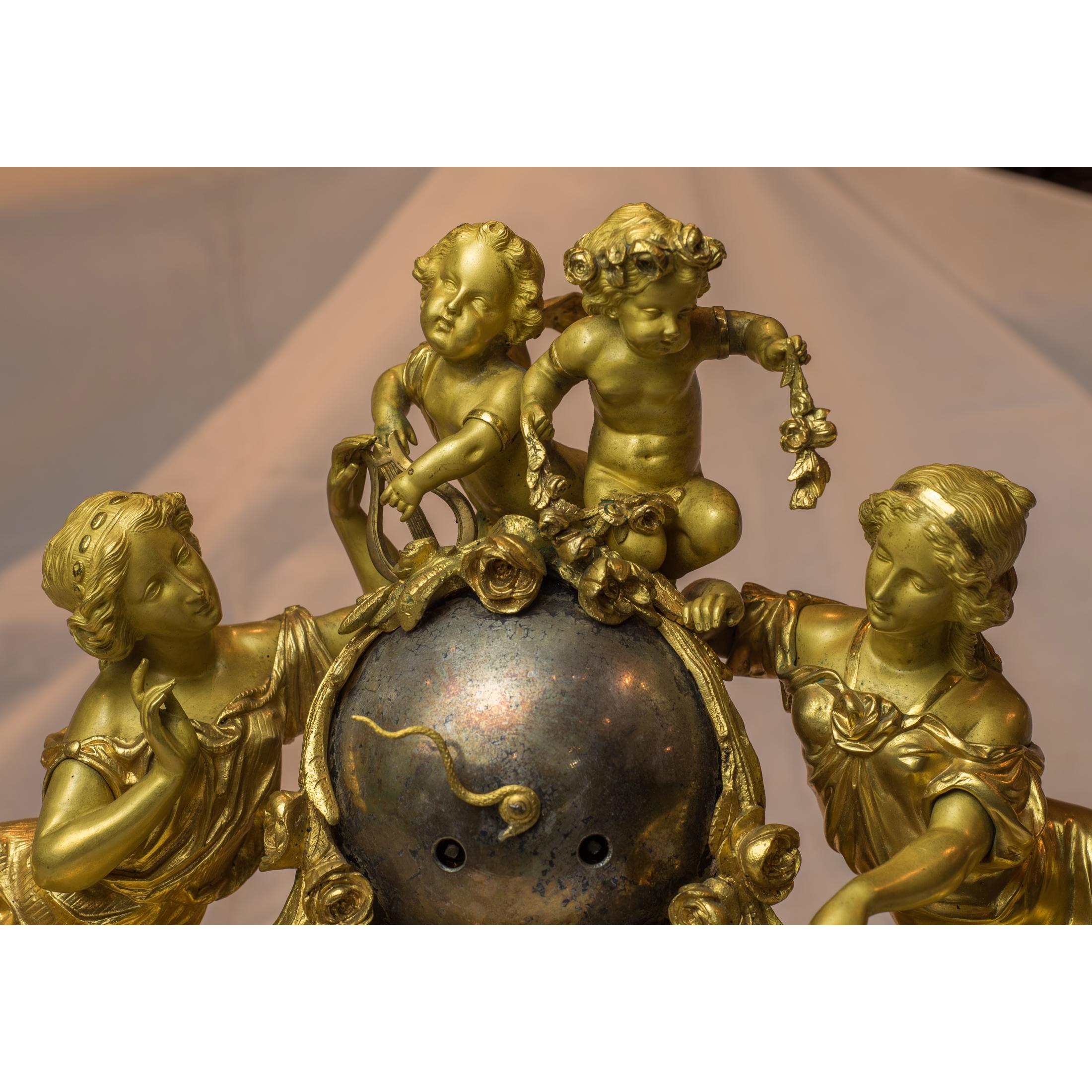 French Gilt Bronze Figural Mantel Clock In Good Condition In New York, NY