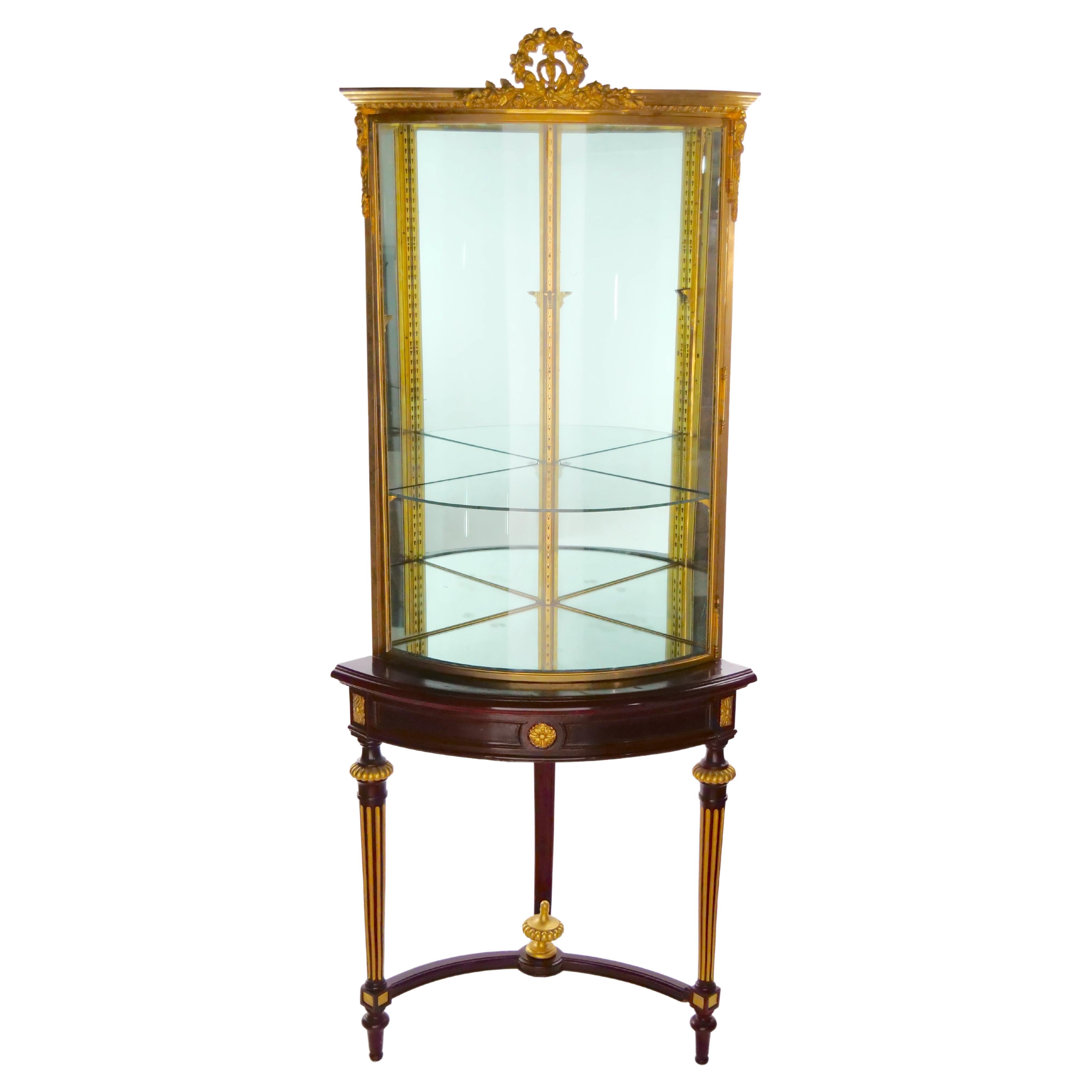 French Gilt Bronze Framed / Mahogany Base Curio Cabinet