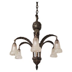 French Gilt Bronze + Frosted Art Glass Palm Tree Chandelier by Gilles