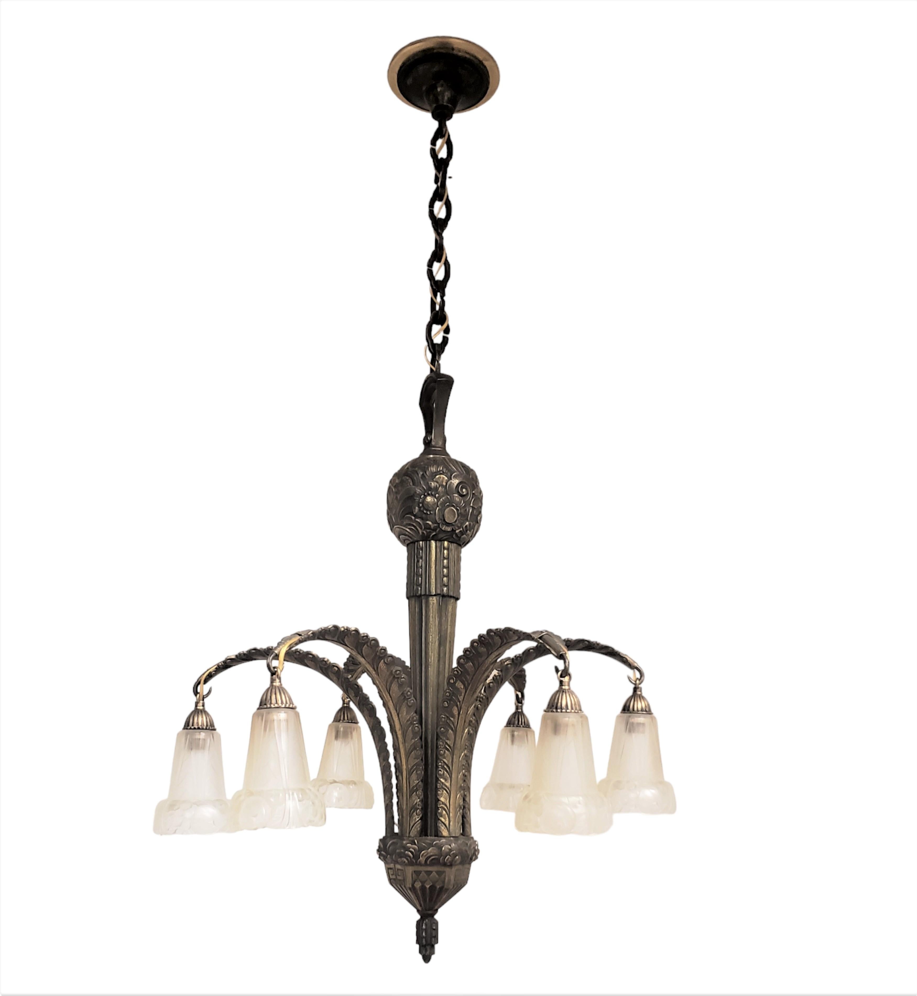 Art Deco French Gilt Bronze + Frosted Art Glass Palm Tree Chandelier by Gilles For Sale