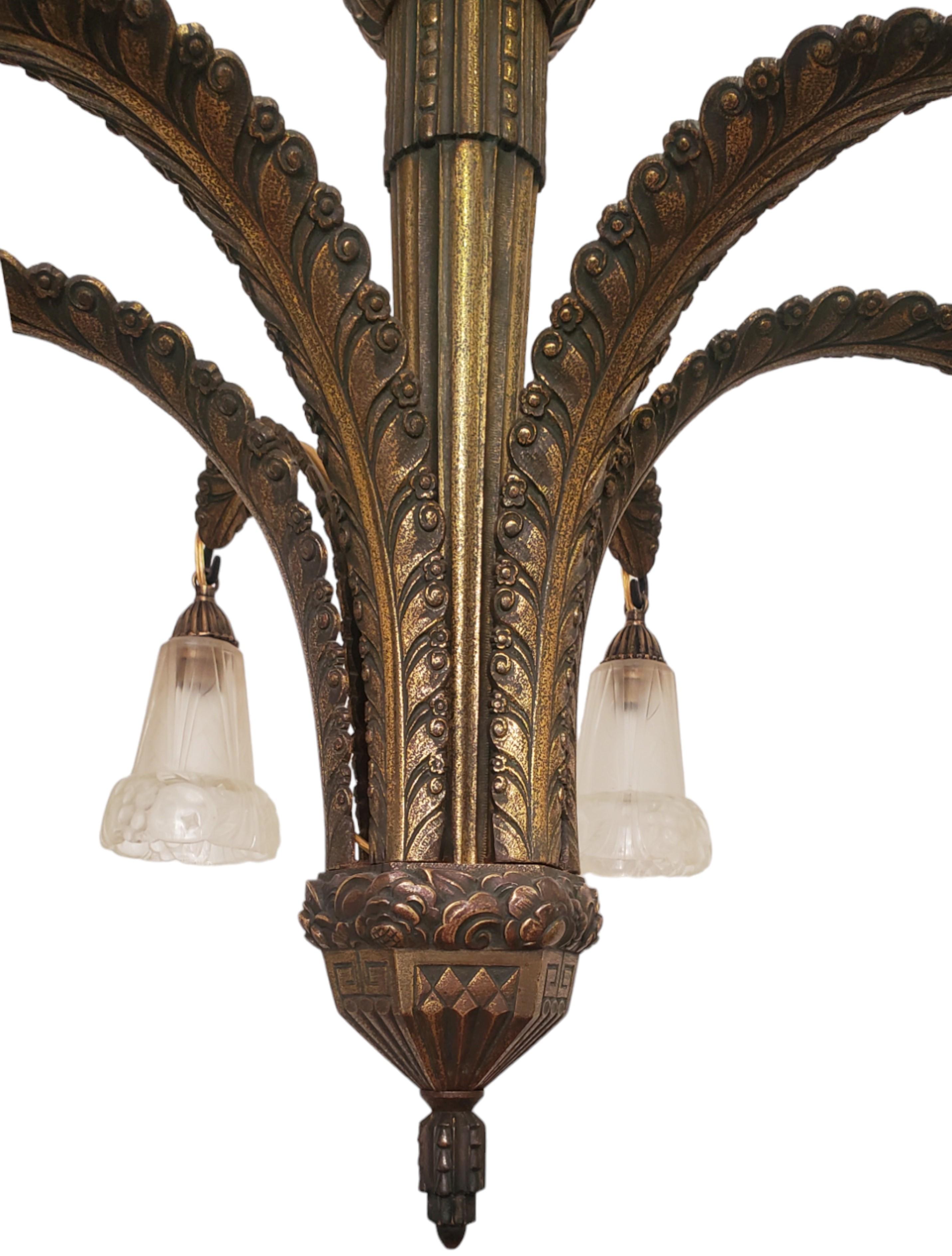 French Gilt Bronze + Frosted Art Glass Palm Tree Chandelier by Gilles In Good Condition For Sale In New York City, NY