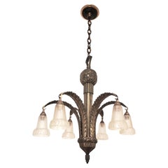 Used French Gilt Bronze + Frosted Art Glass Palm Tree Chandelier by Gilles
