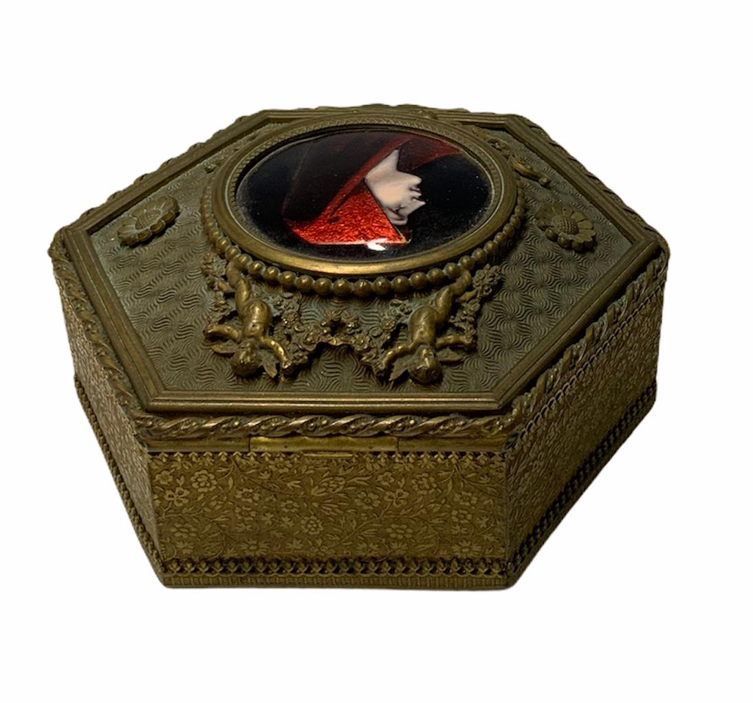 Victorian French Gilt Bronze Hand Painted Portrait of Fabiola Dresser Box For Sale