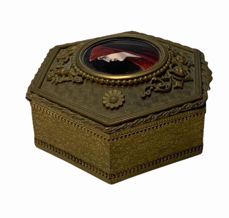Embossed French Gilt Bronze Hand Painted Portrait of Fabiola Dresser Box For Sale