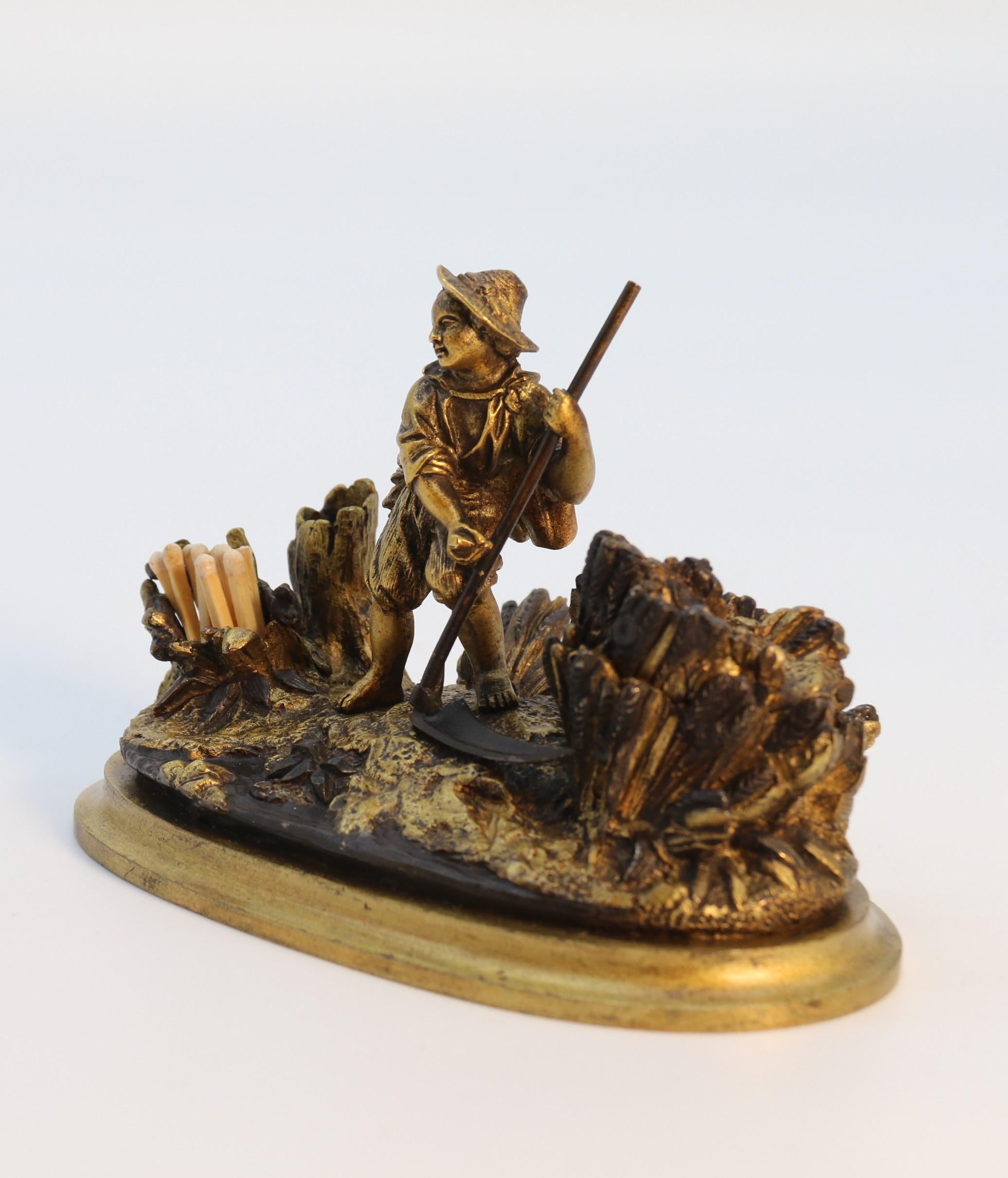 French gilt bronze ink stand depicting a young man harvesting circa 1860 For Sale 4