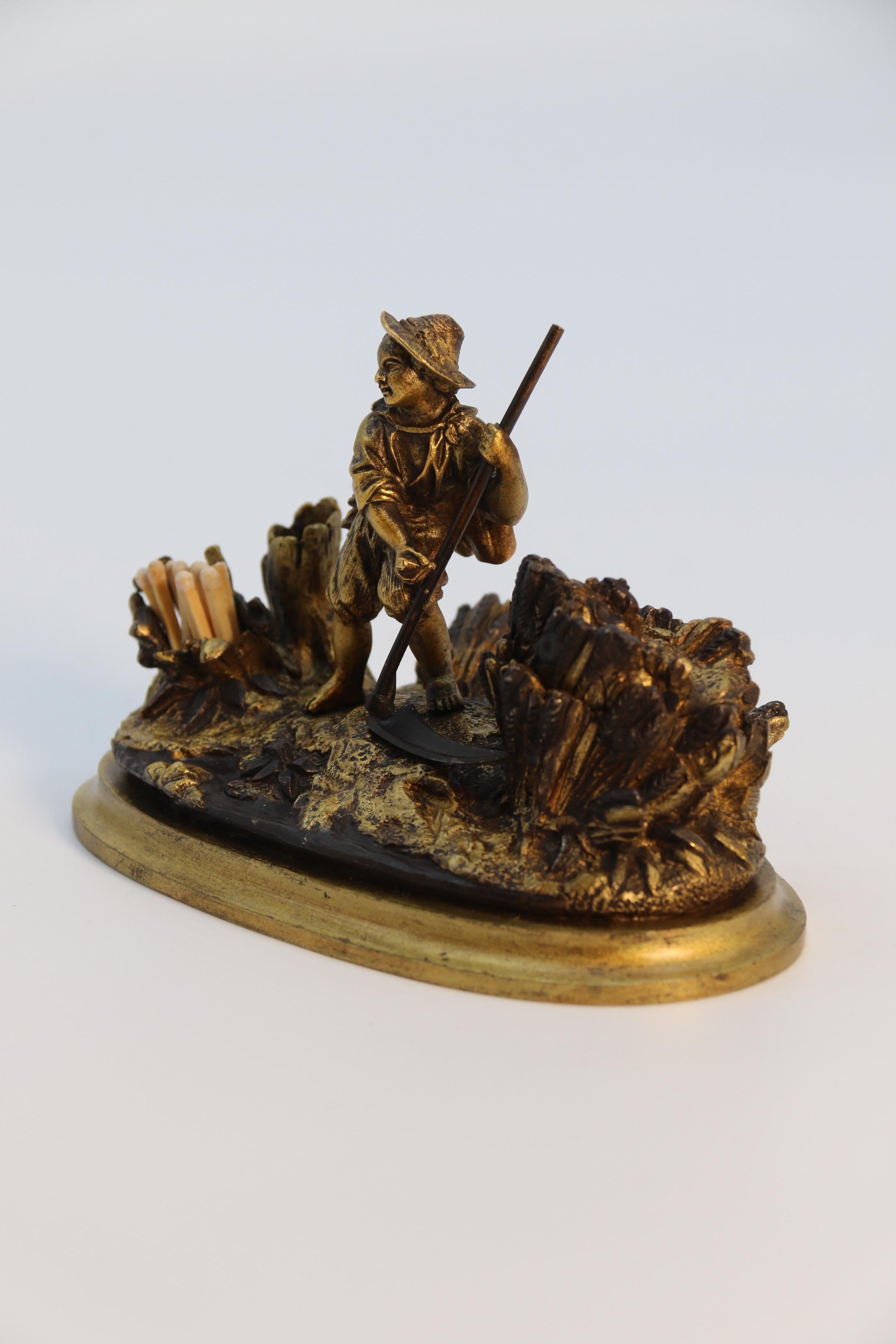 French gilt bronze ink stand depicting a young man harvesting circa 1860 For Sale 6