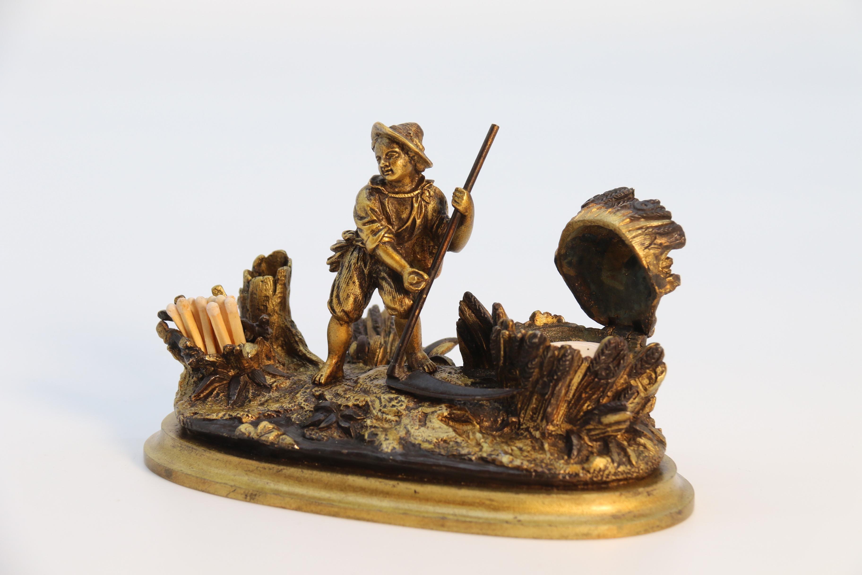 French gilt bronze ink stand depicting a young man harvesting circa 1860 For Sale 7