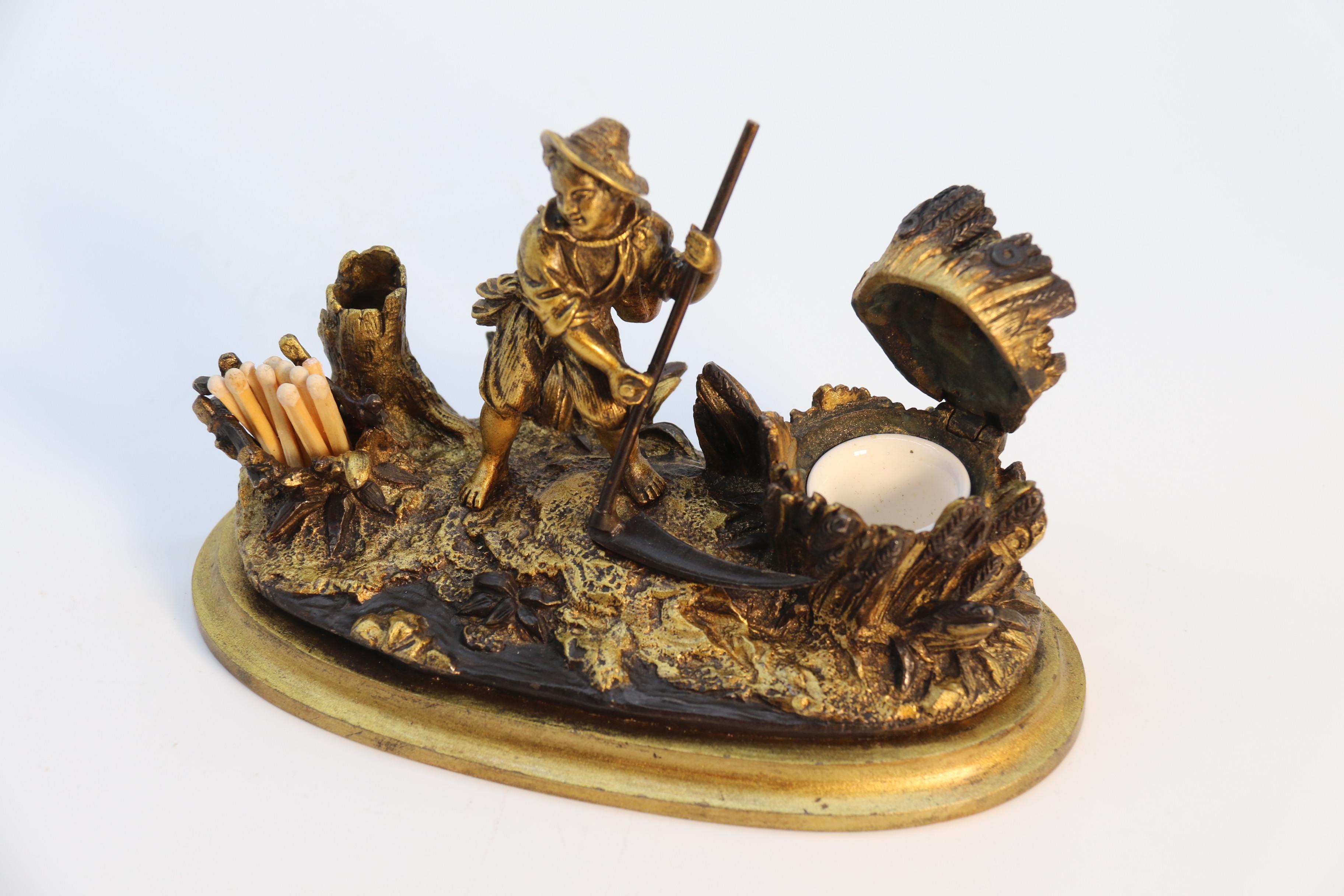 French gilt bronze ink stand depicting a young man harvesting circa 1860 For Sale 8