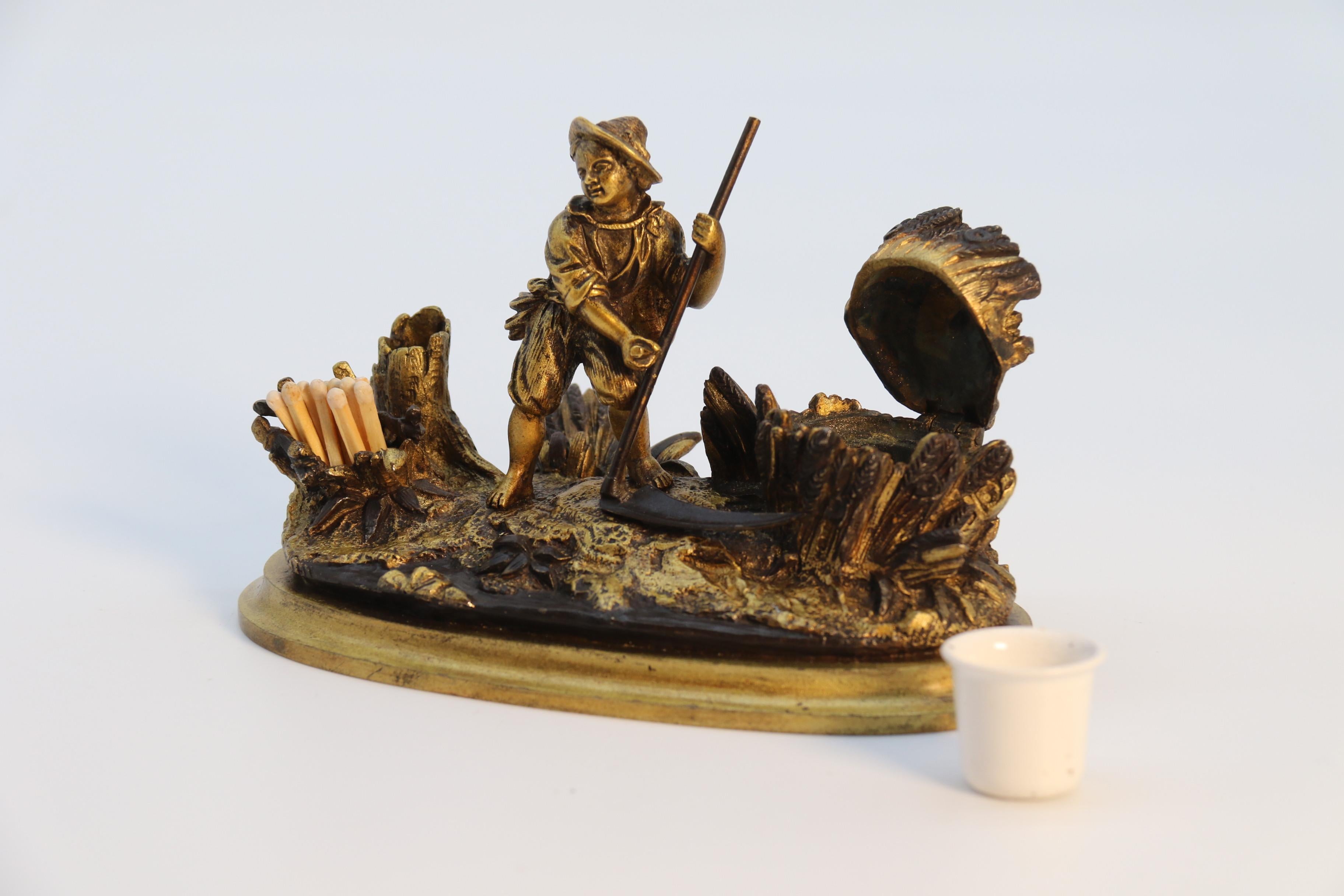 French gilt bronze ink stand depicting a young man harvesting circa 1860 For Sale 9