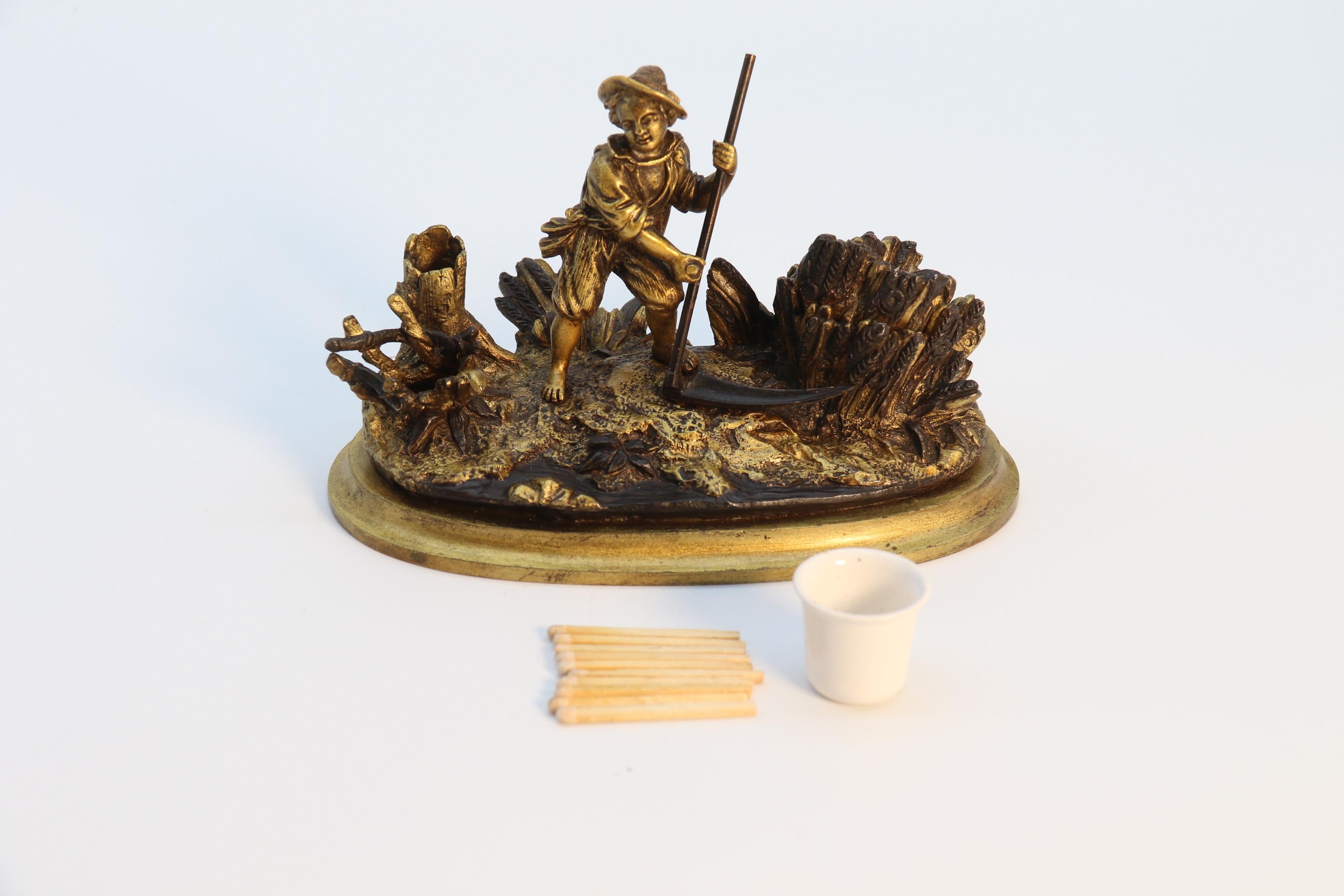 French gilt bronze ink stand depicting a young man harvesting circa 1860 For Sale 10