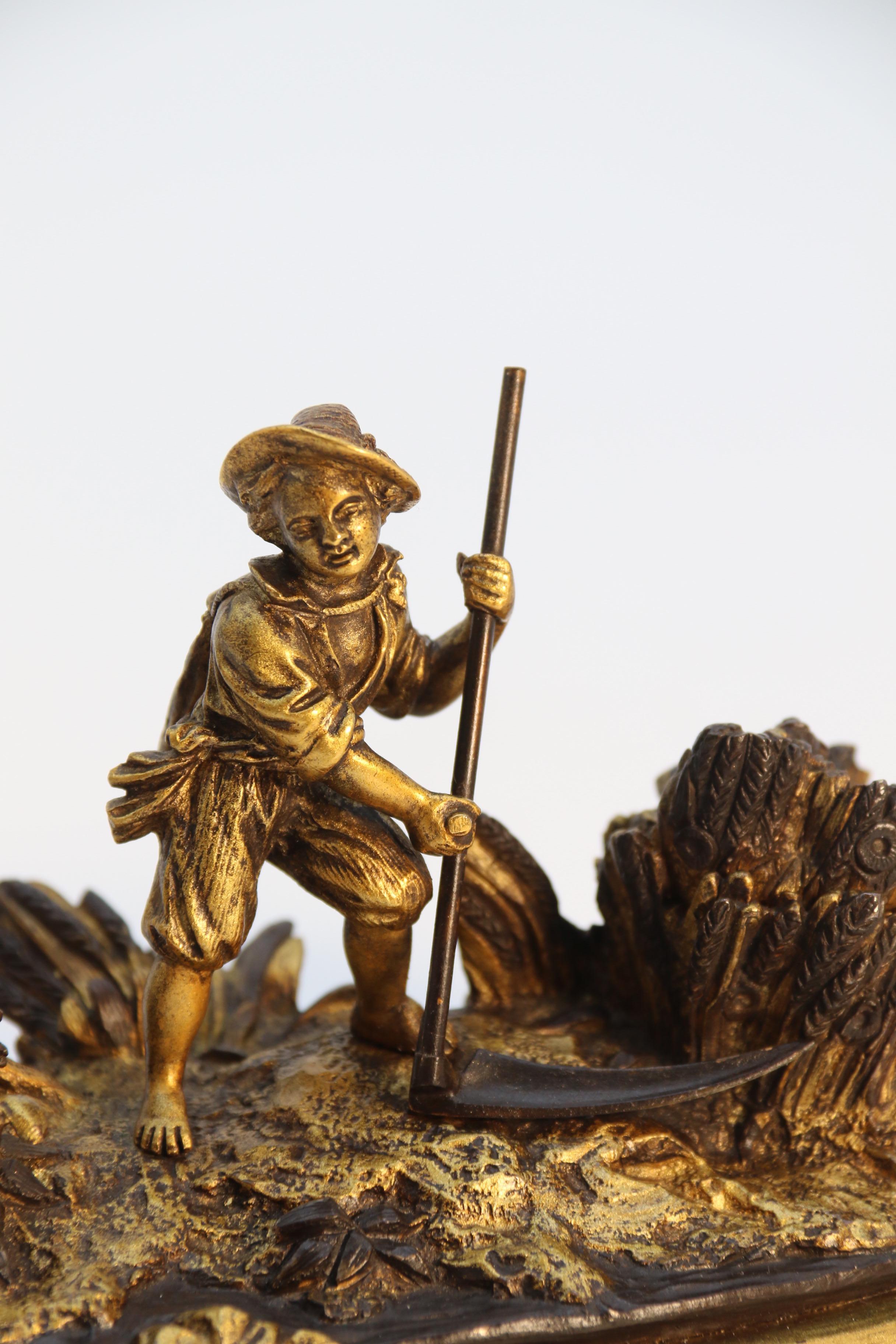 French gilt bronze ink stand depicting a young man harvesting circa 1860 For Sale 13
