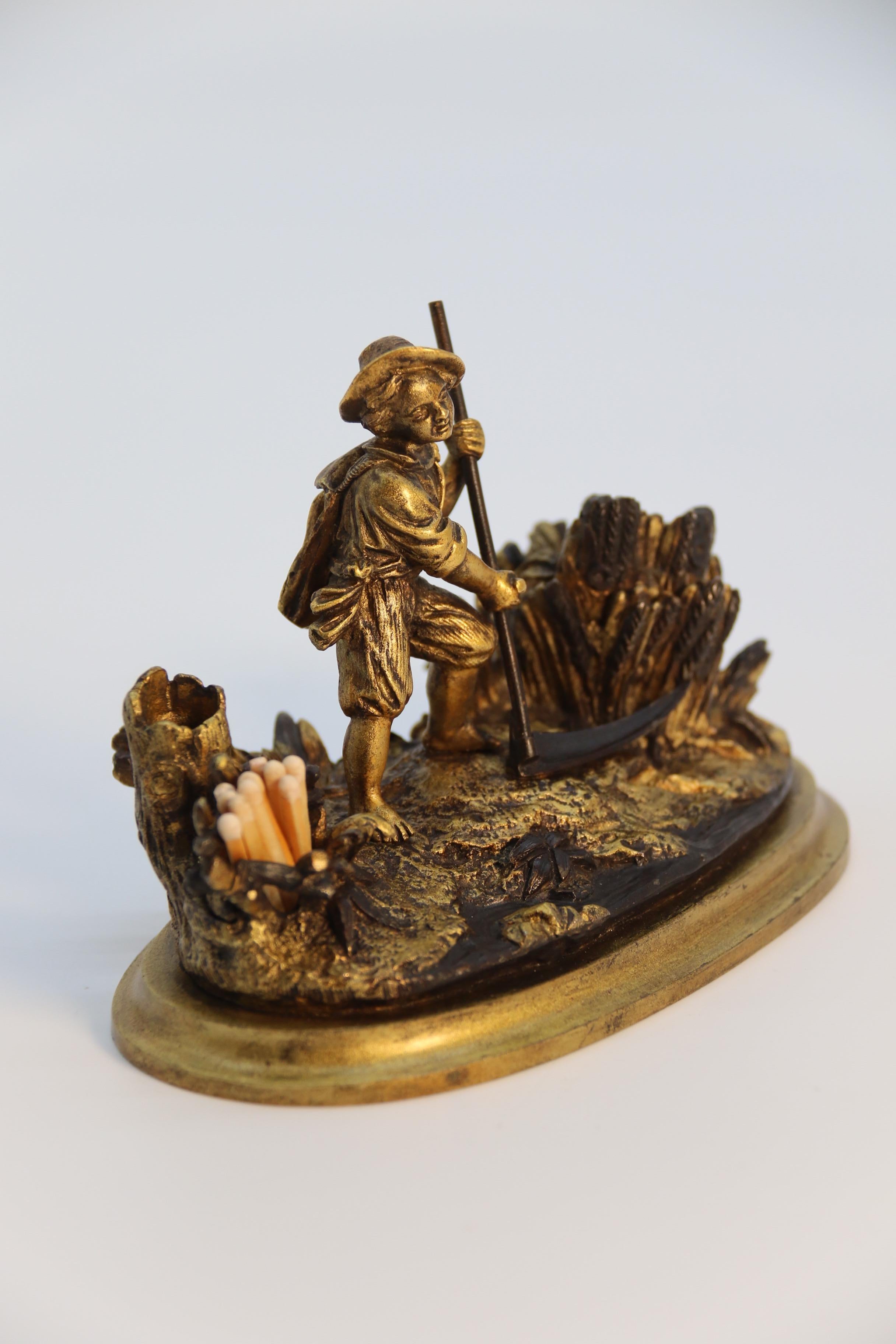 Napoleon III French gilt bronze ink stand depicting a young man harvesting circa 1860 For Sale