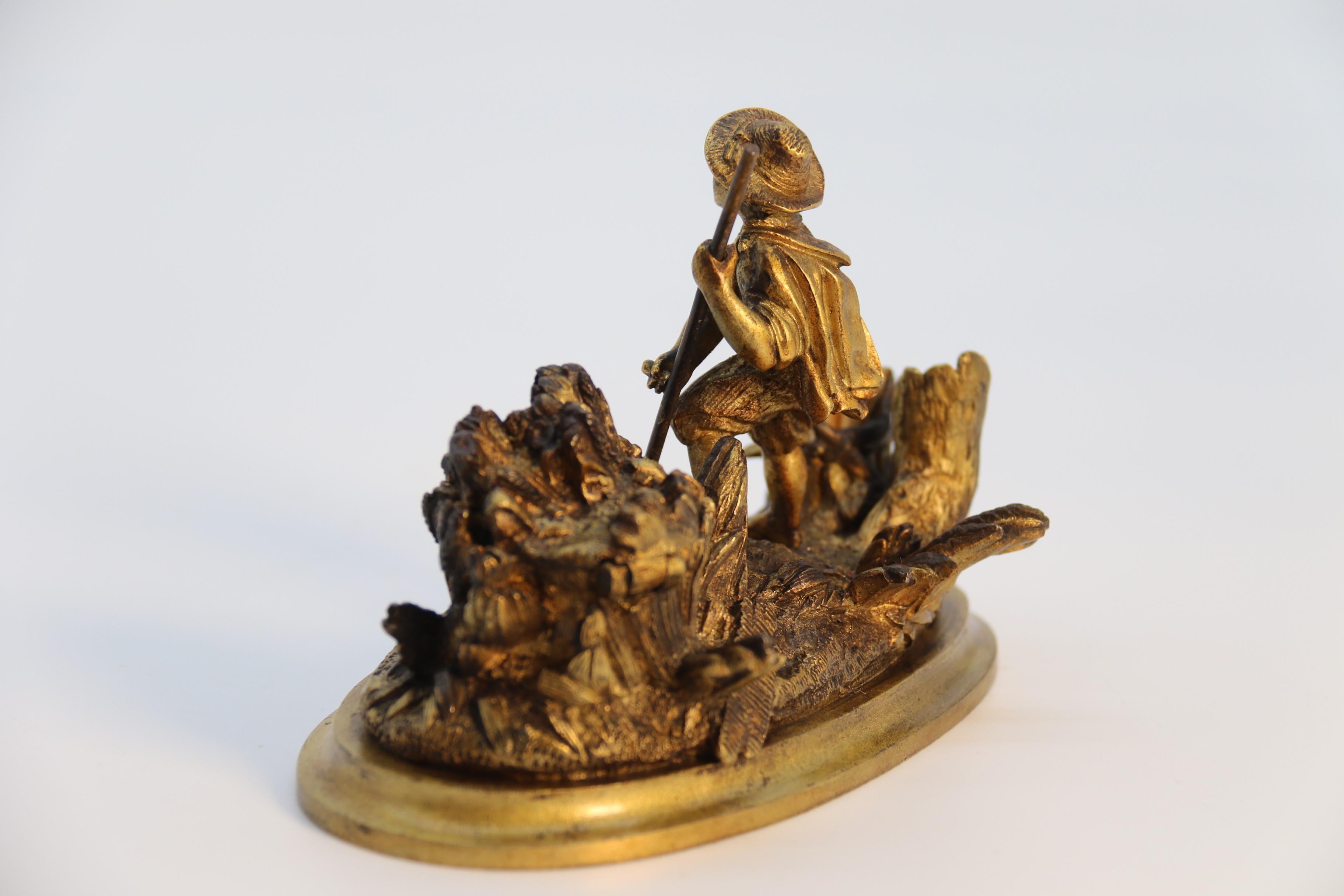 Encrier en bronze doré représentant un jeune homme en train de récolter vers 1860 en vente 1