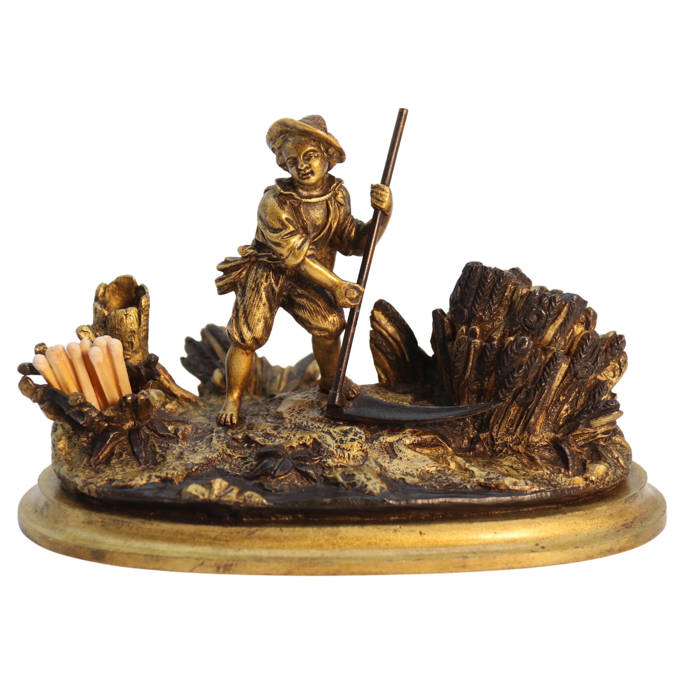 French gilt bronze ink stand depicting a young man harvesting circa 1860 For Sale