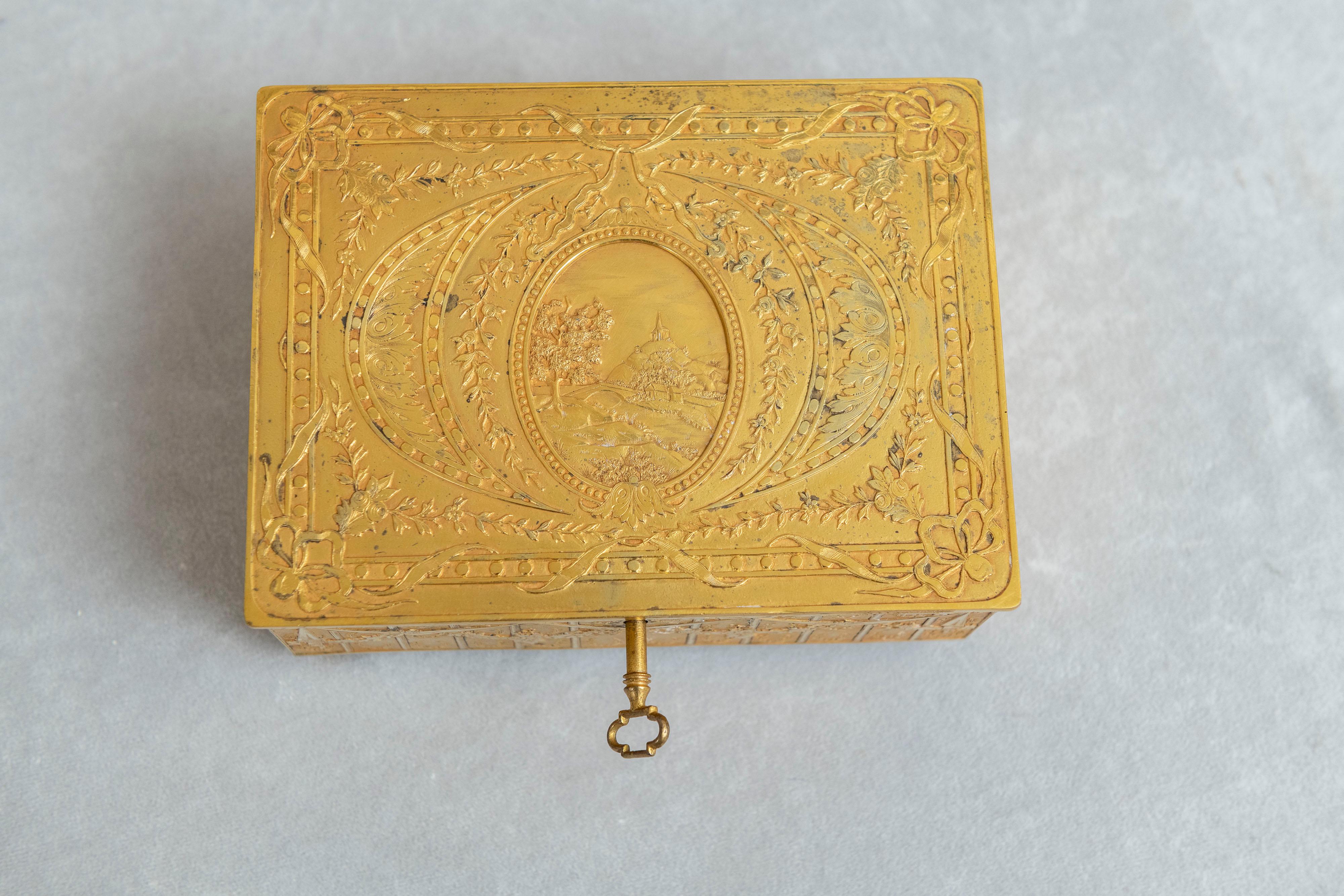 20th Century French Gilt Bronze Jewelry Box circa 1900 with Original Key Neoclassical Revival
