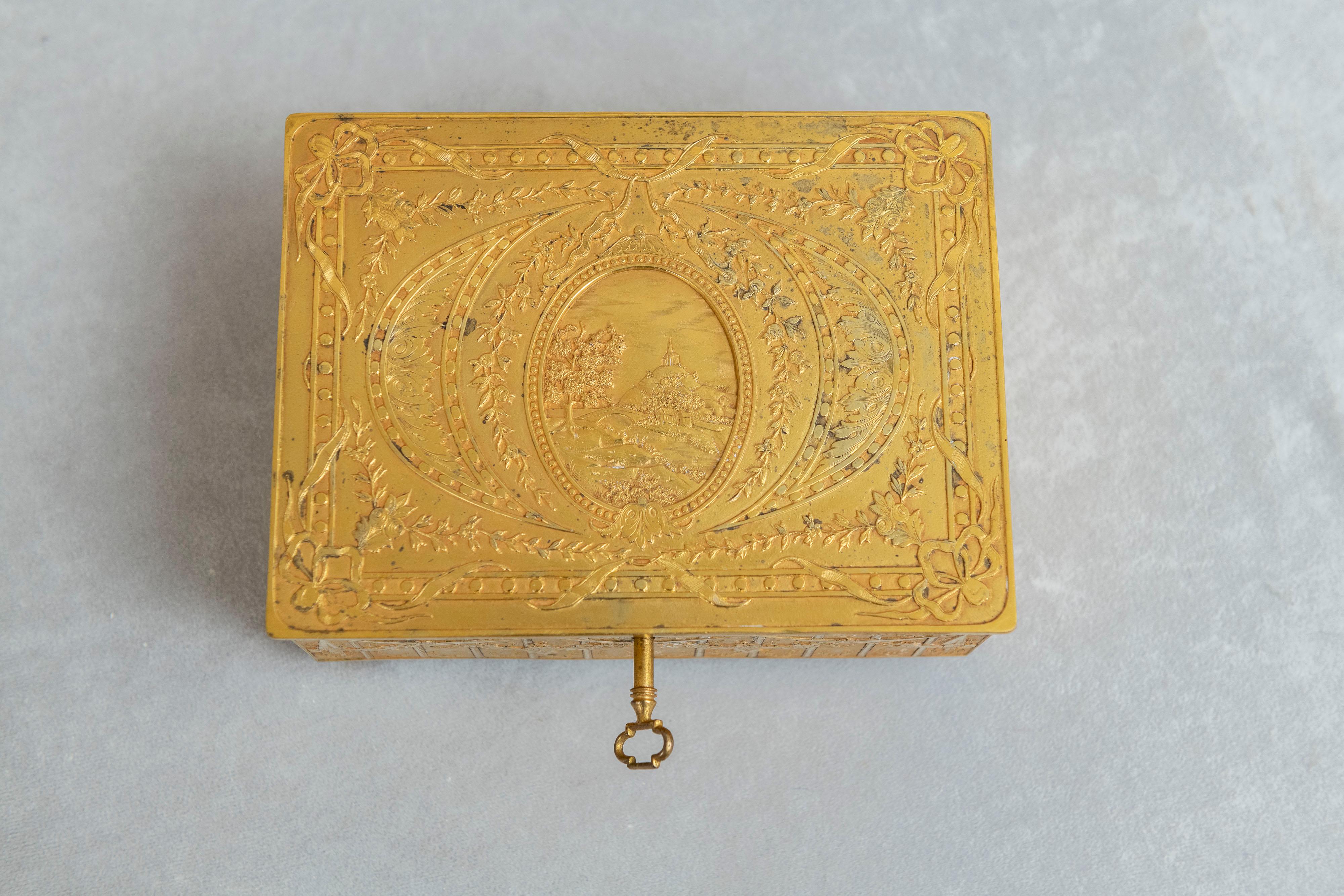 French Gilt Bronze Jewelry Box circa 1900 with Original Key Neoclassical Revival 1