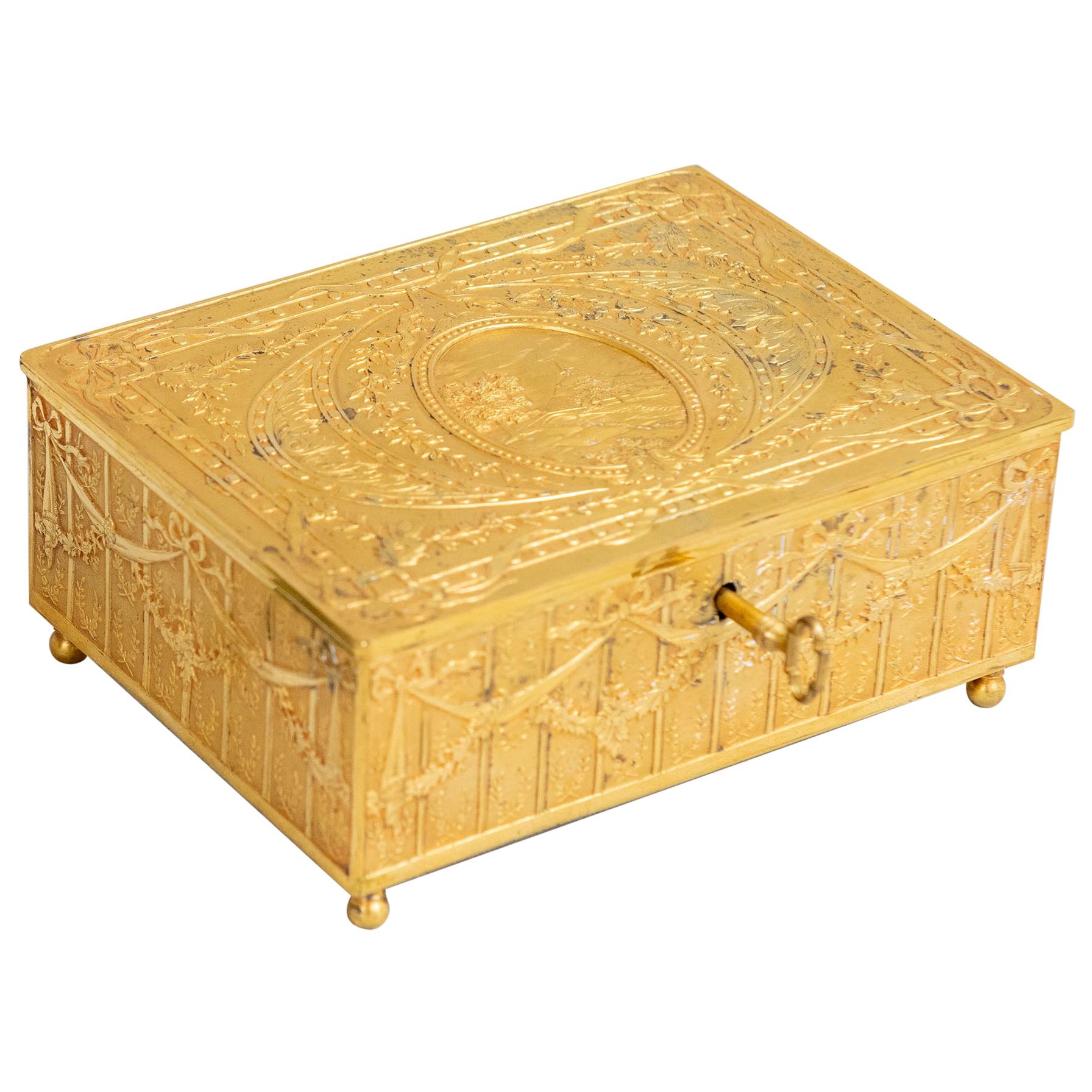 French Gilt Bronze Jewelry Box circa 1900 with Original Key Neoclassical Revival
