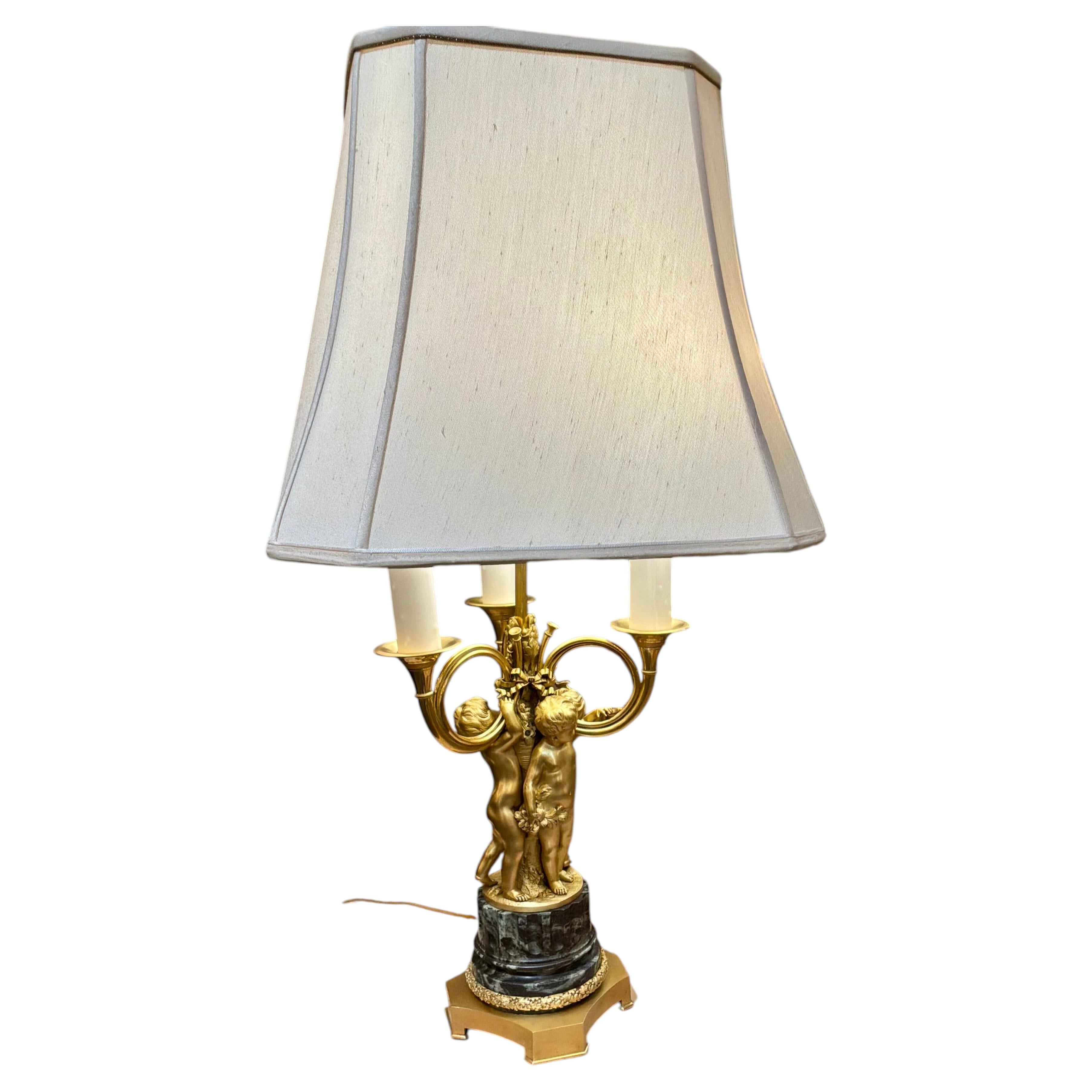 French gilt bronze lamp on marble base