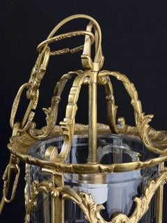 French Gilt Bronze Lantern Chandelier, Glass Cylinder, Louis XV Style, 25.2in