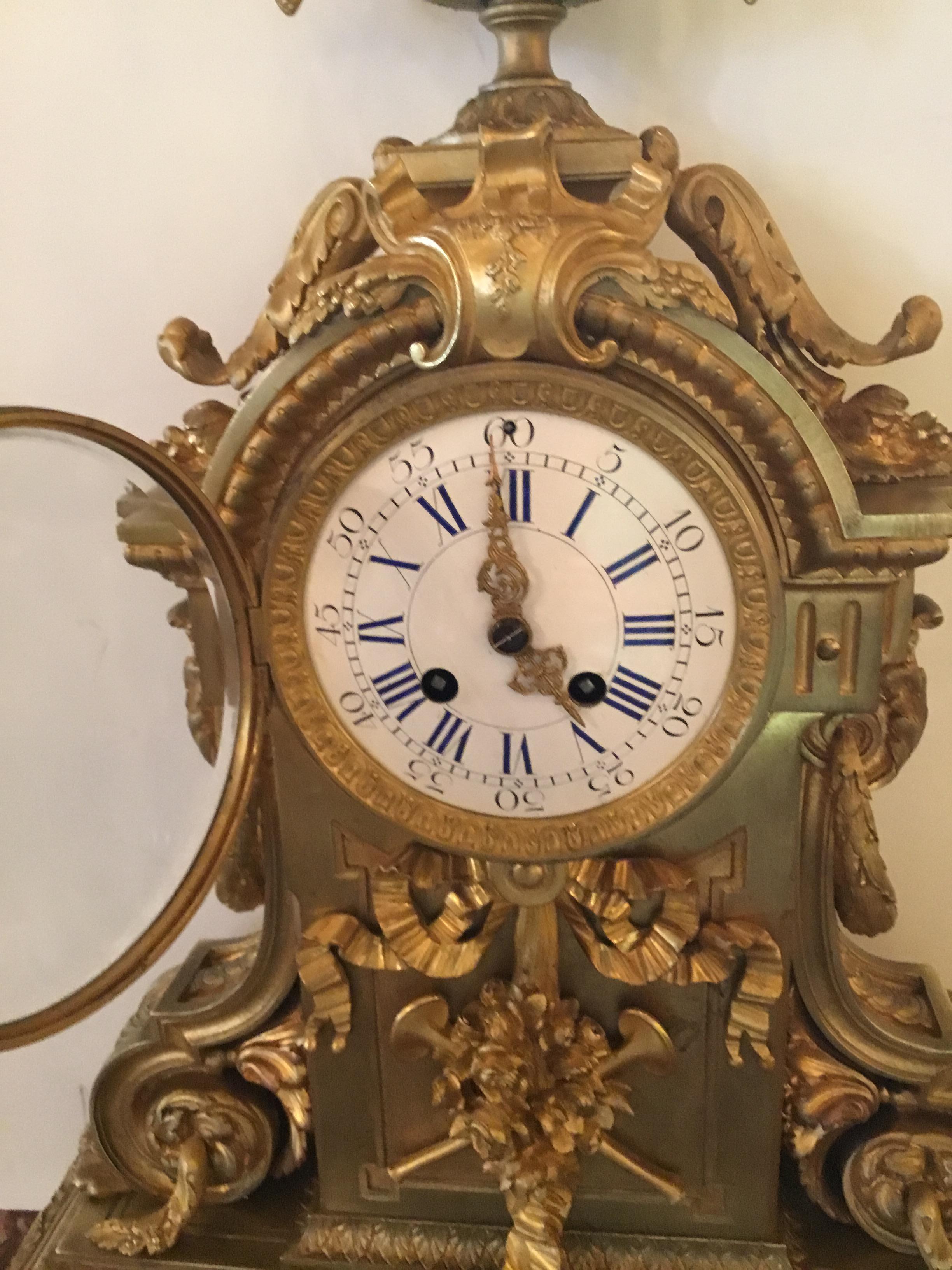 French Gilt Bronze Mantel Clock, Rococo Revival, 19th Century with Enamel Dial In Good Condition In Houston, TX