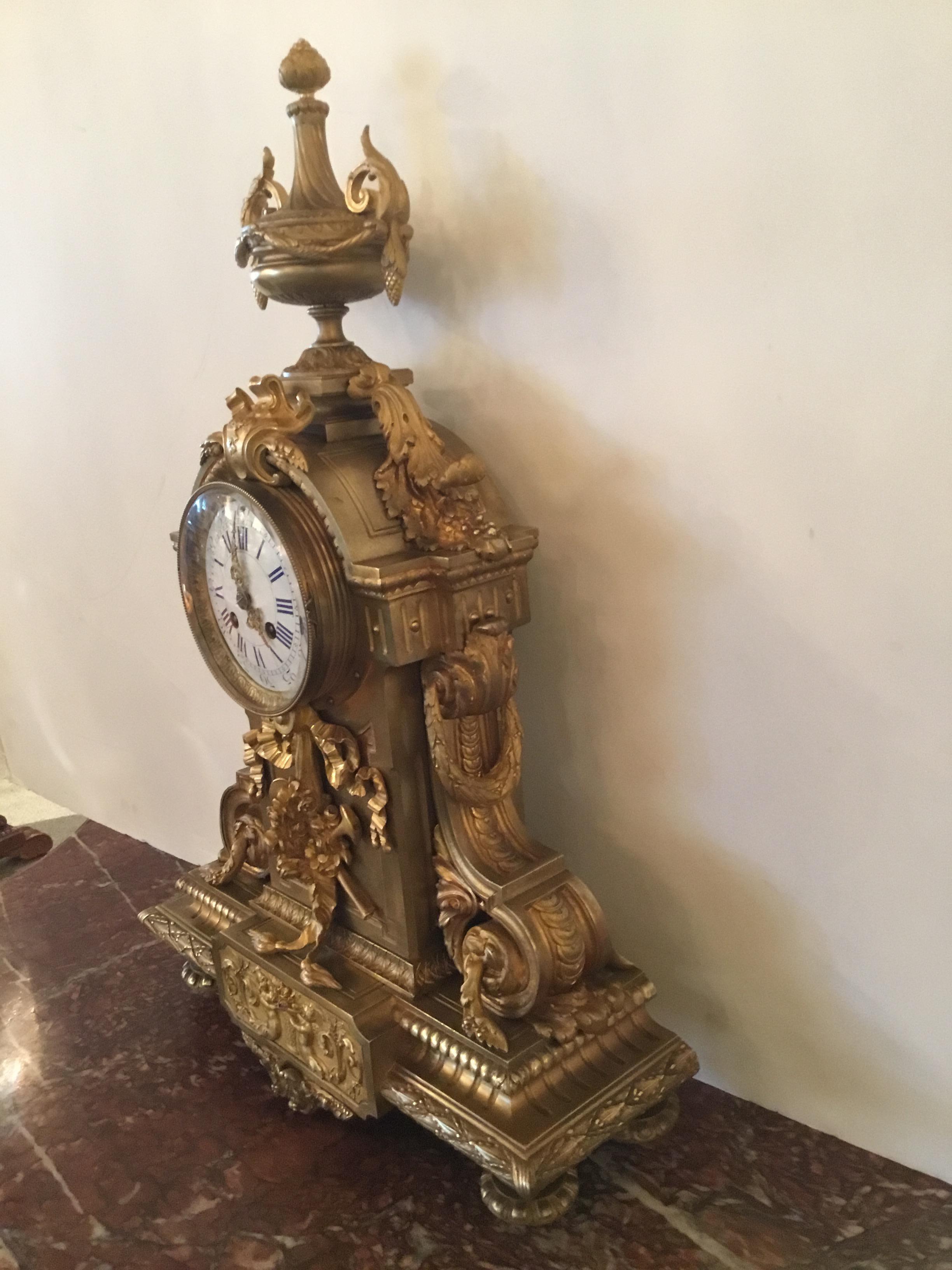 French Gilt Bronze Mantel Clock, Rococo Revival, 19th Century with Enamel Dial 2